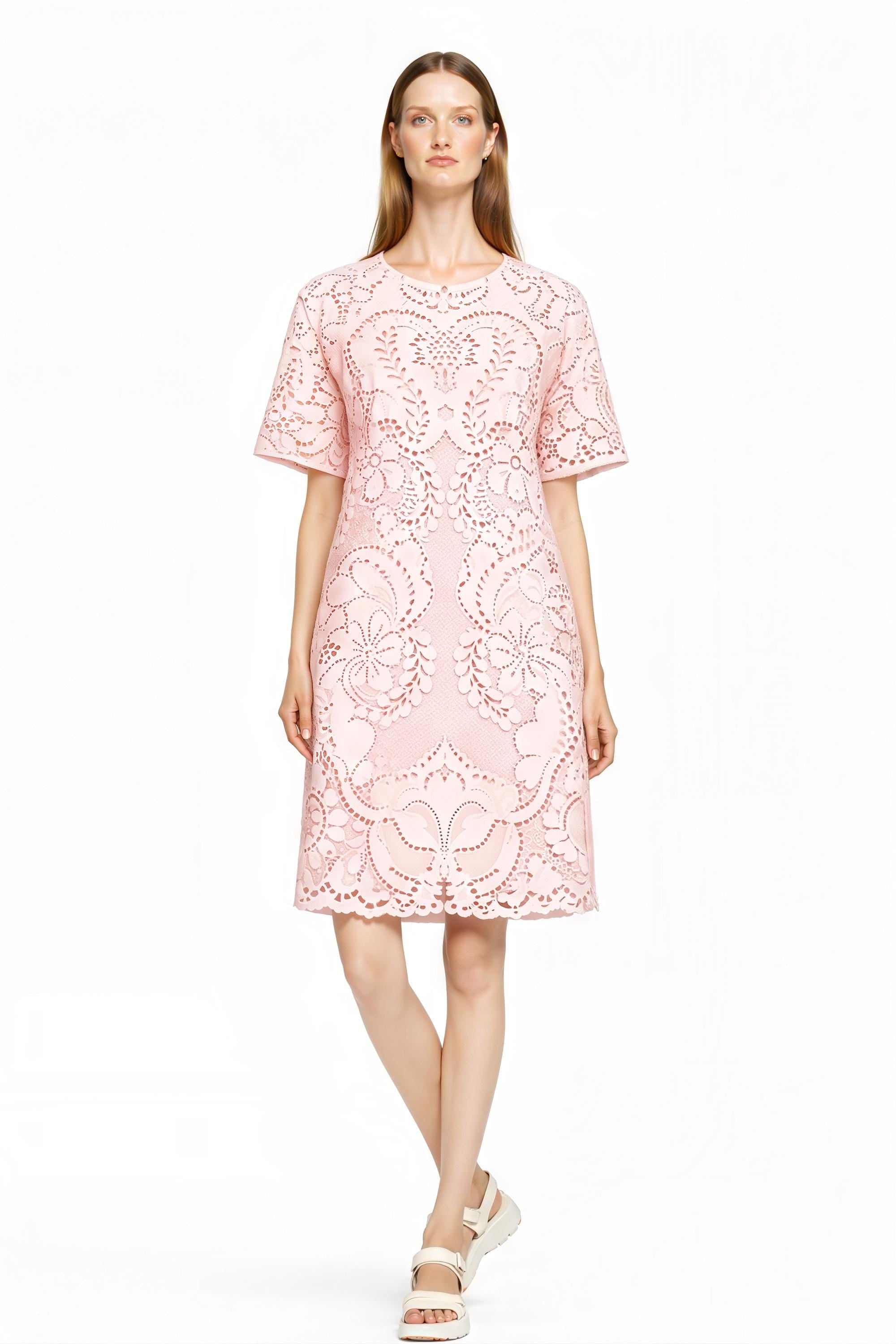 Light Blue Eyelet Print T-Shirt Dress, Lace Look Shift, Summer Casual Feminine Styling __etsy:7767665740