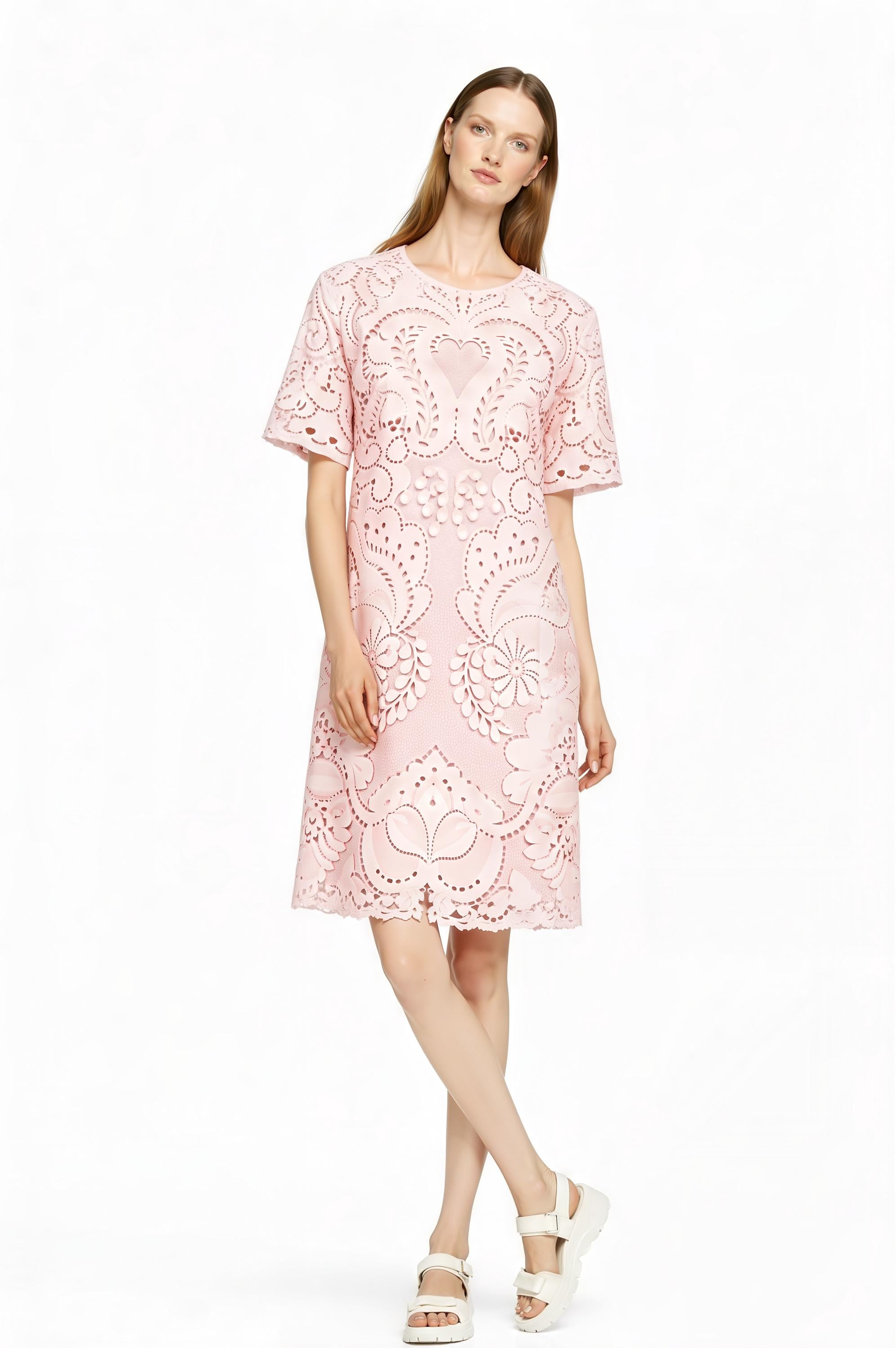 Light Blue Eyelet Print T-Shirt Dress, Lace Look Shift, Summer Casual Feminine Styling __etsy:7767665742
