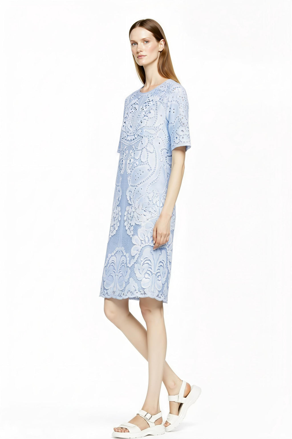 Light Blue Eyelet Print T-Shirt Dress, Lace Look Shift, Summer Casual Feminine Styling __etsy:7767665750