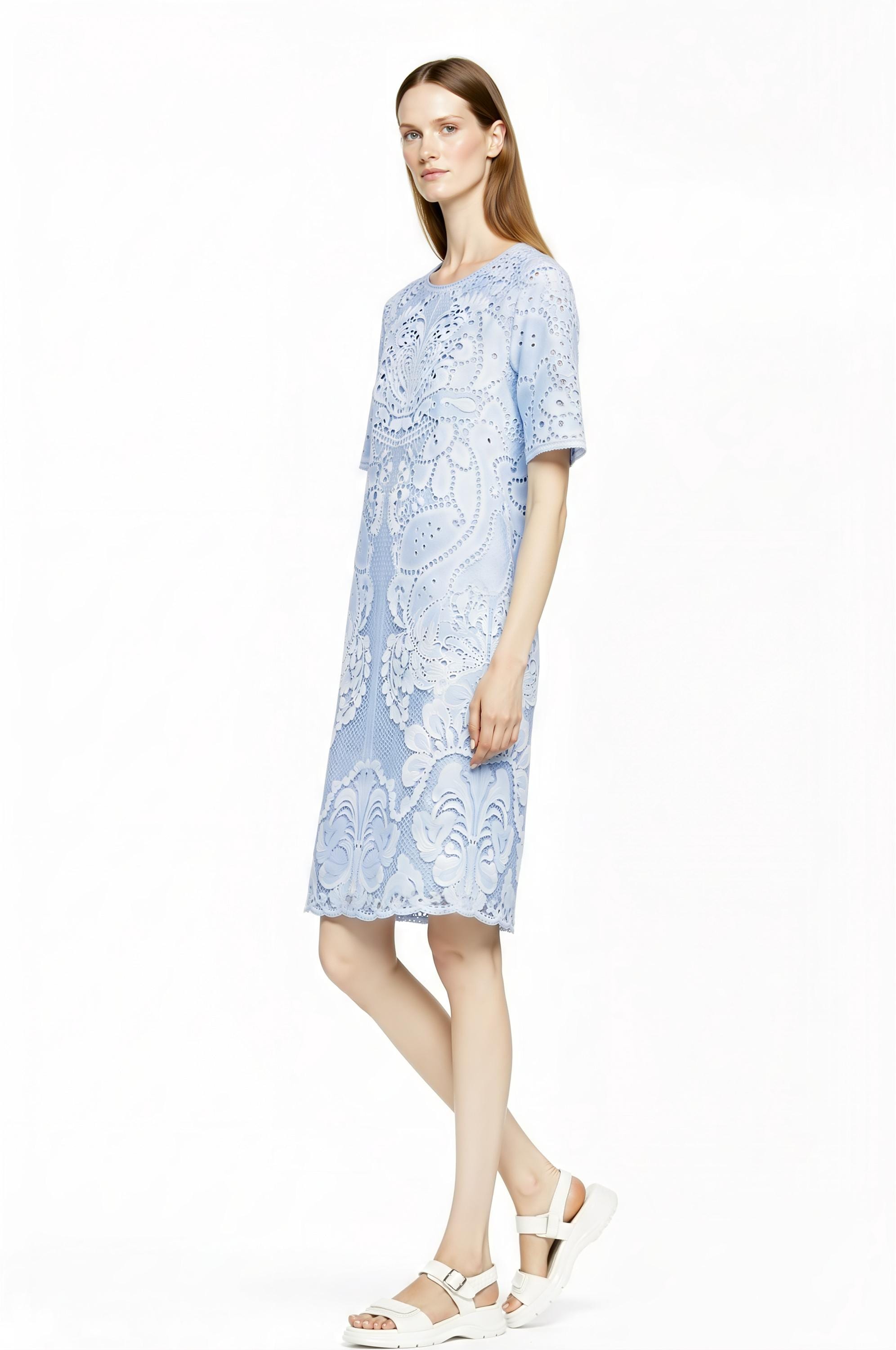 Light Blue Eyelet Print T-Shirt Dress, Lace Look Shift, Summer Casual Feminine Styling __etsy:7767665750