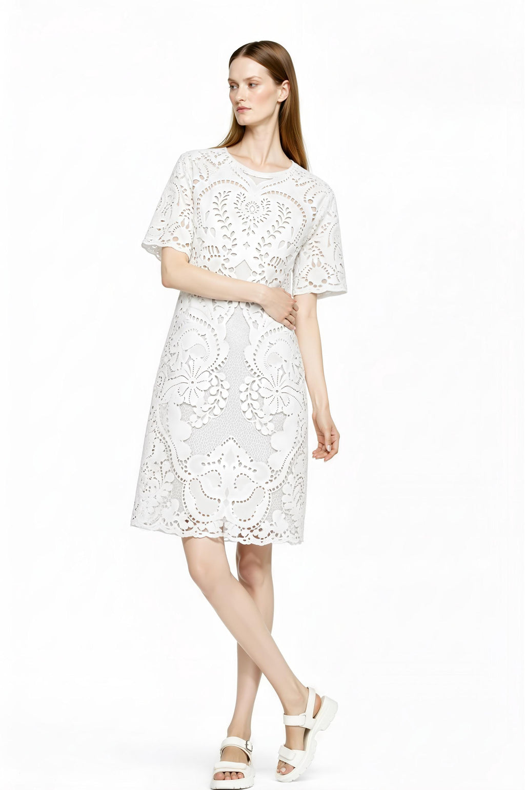 Light Blue Eyelet Print T-Shirt Dress, Lace Look Shift, Summer Casual Feminine Styling __etsy:7767665822