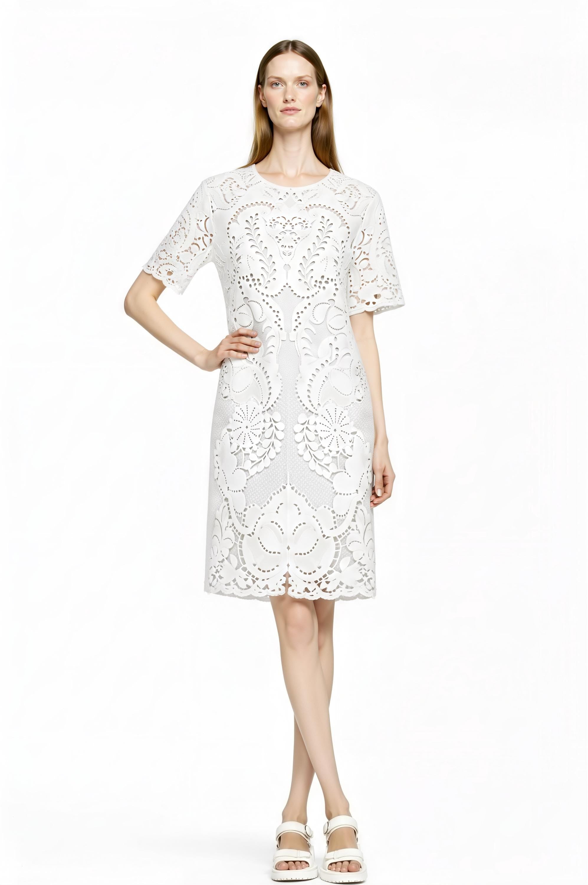Light Blue Eyelet Print T-Shirt Dress, Lace Look Shift, Summer Casual Feminine Styling __etsy:7767665824
