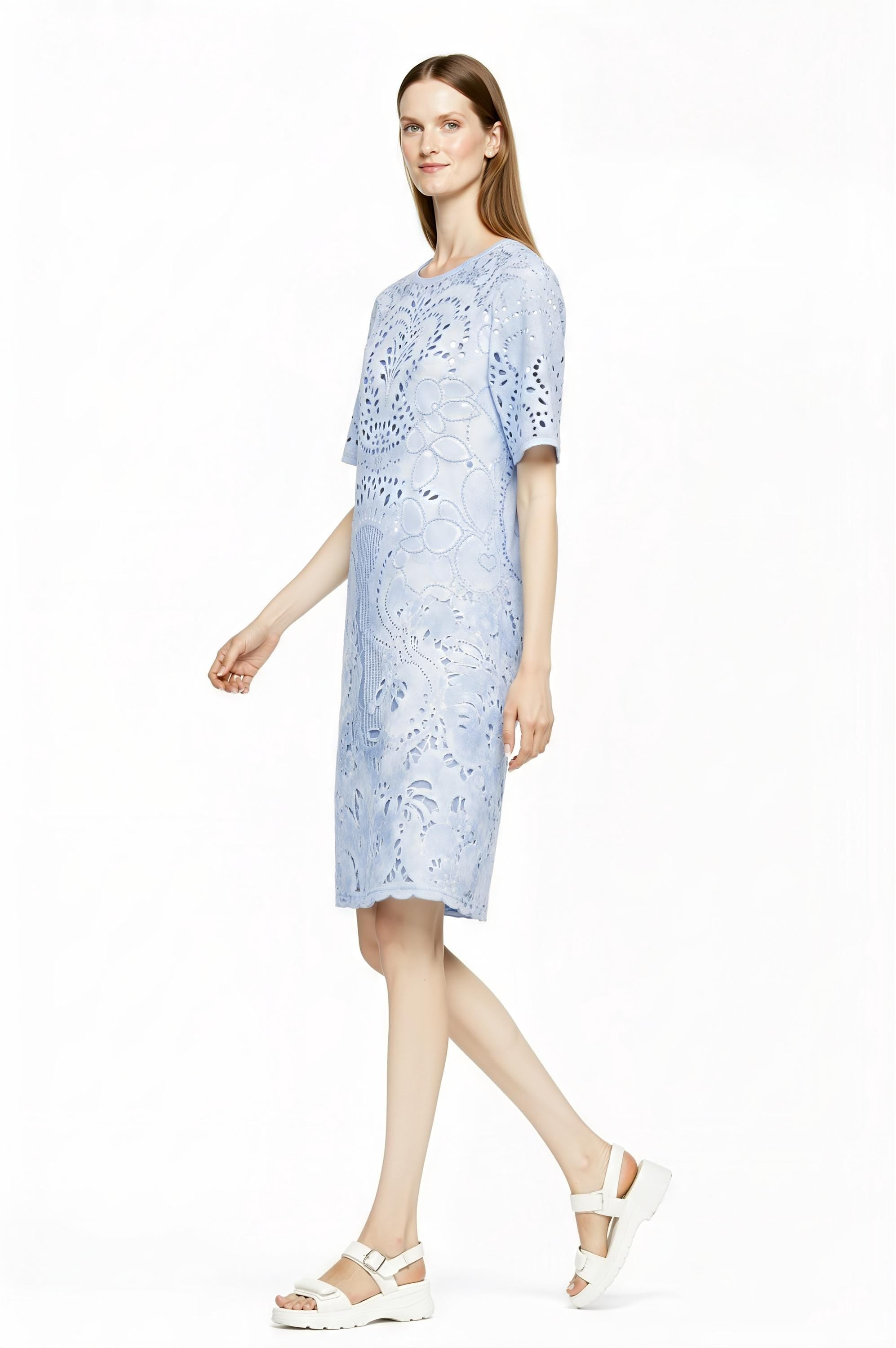 Light Blue Eyelet Print T-Shirt Dress, Lace Look Shift, Summer Casual Feminine Styling __etsy:7767665830