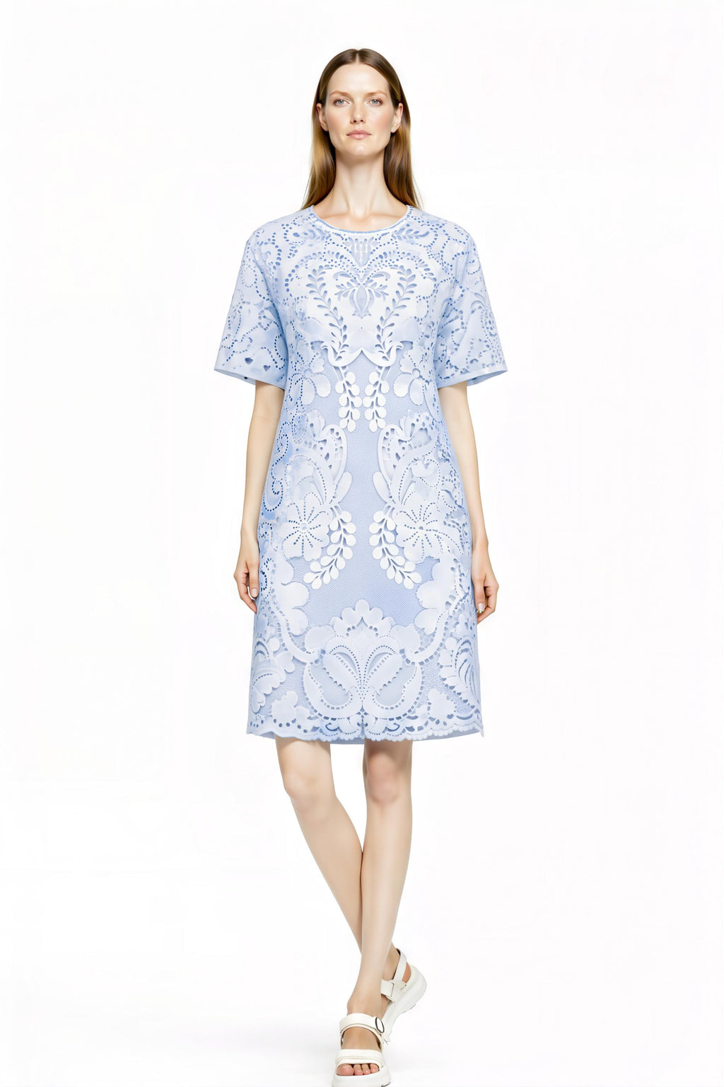 Light Blue Eyelet Print T-Shirt Dress, Lace Look Shift, Summer Casual Feminine Styling __etsy:7767667296