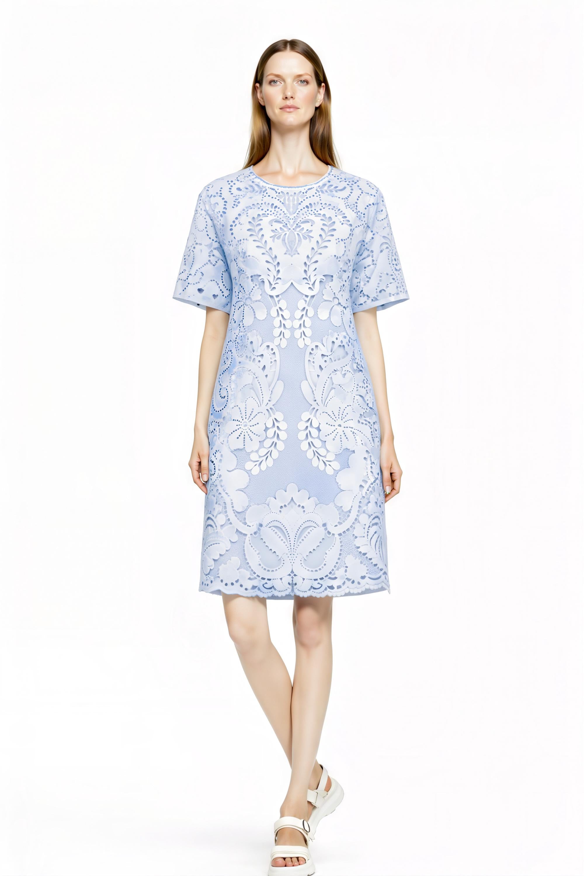 Light Blue Eyelet Print T-Shirt Dress, Lace Look Shift, Summer Casual Feminine Styling __etsy:7767667296