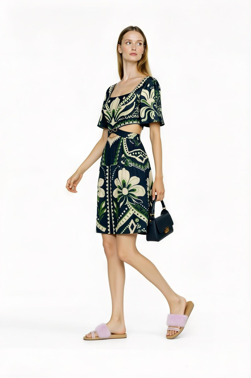 Navy Floral Mini Dress, Cutout Waist, Vintage Botanical Print __etsy:7767789419