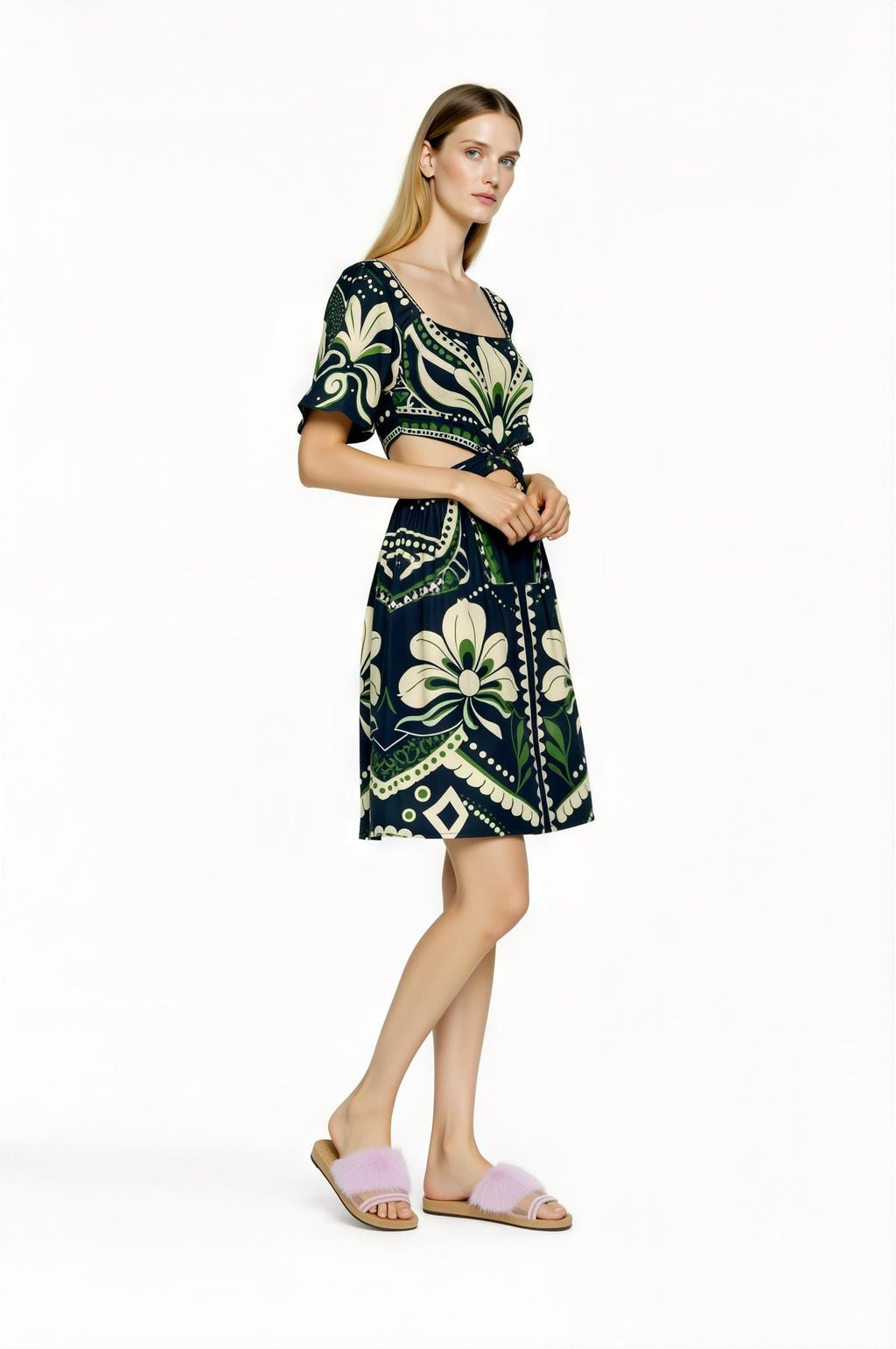 Navy Floral Mini Dress, Cutout Waist, Vintage Botanical Print __etsy:7767789421