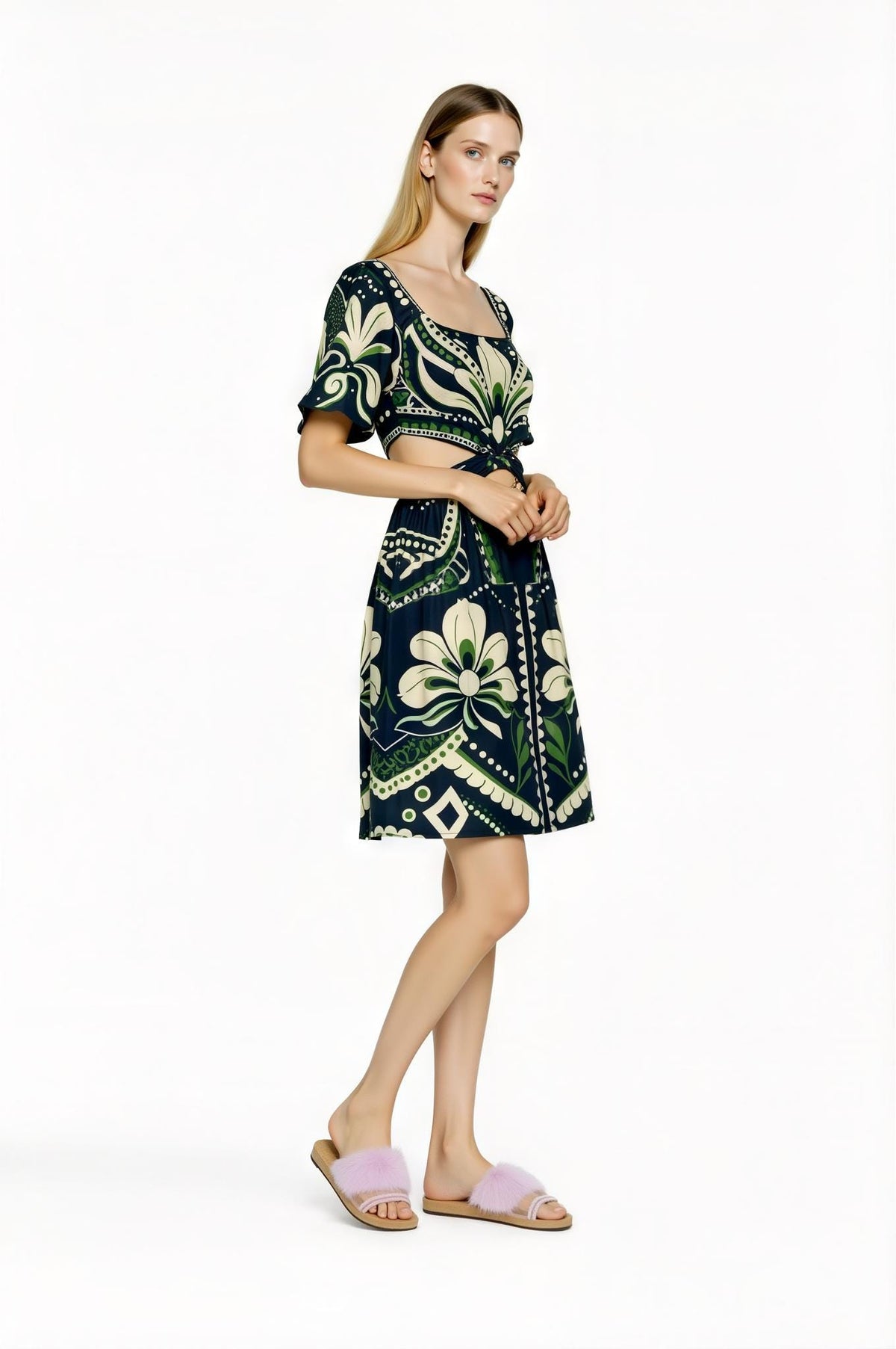 Navy Floral Mini Dress, Cutout Waist, Vintage Botanical Print __etsy:7767789421