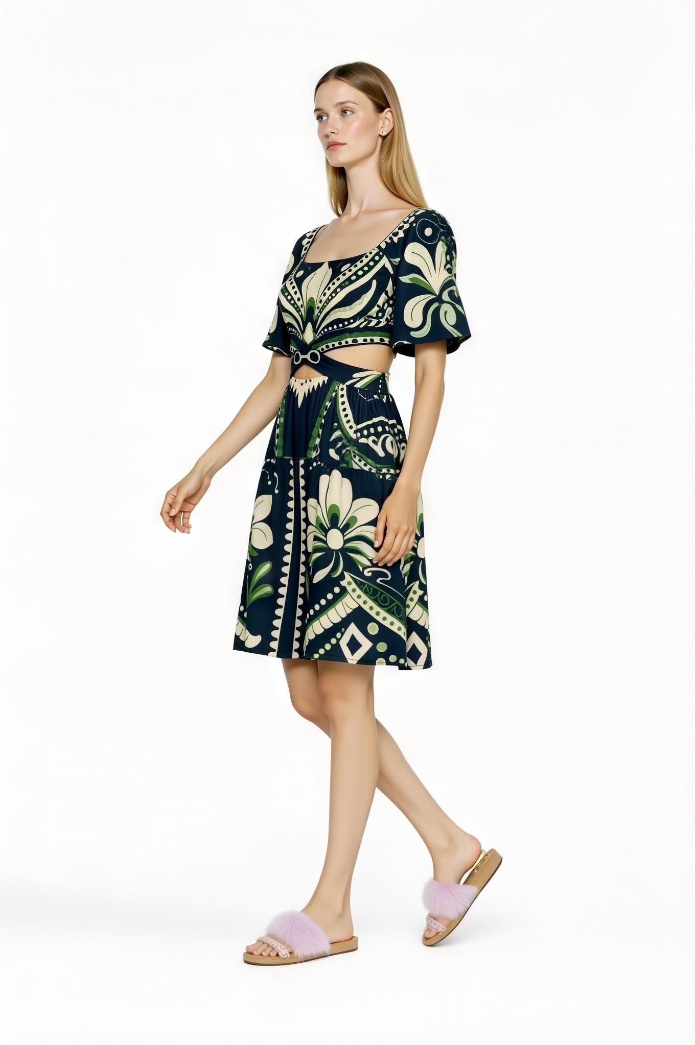 Navy Floral Mini Dress, Cutout Waist, Vintage Botanical Print __etsy:7767789423
