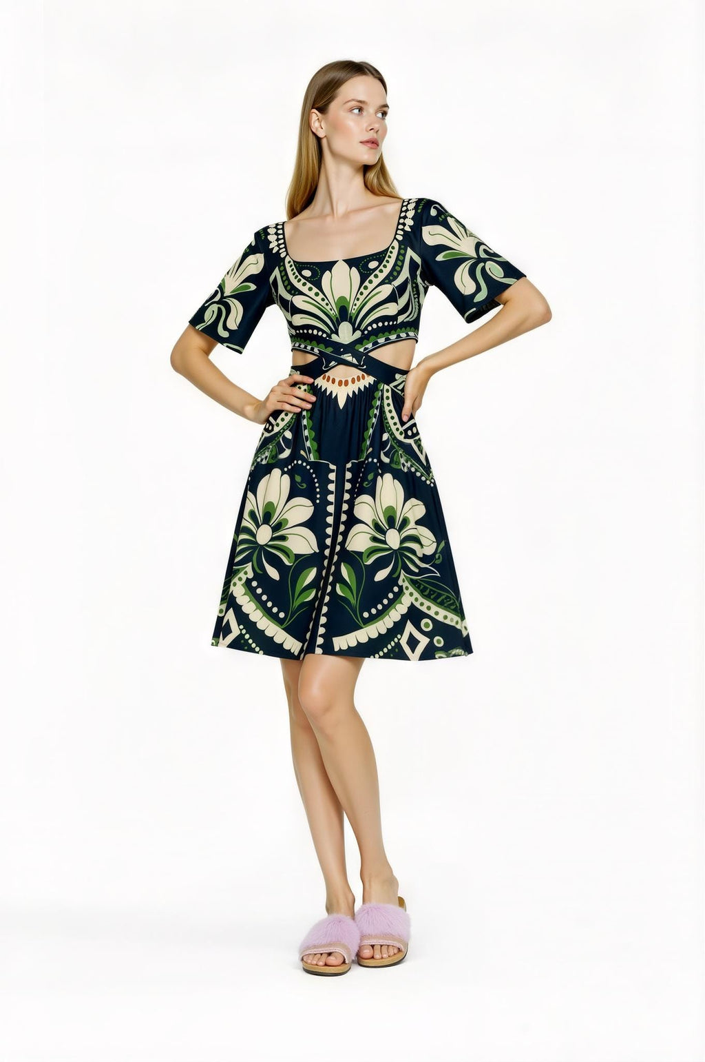 Navy Floral Mini Dress, Cutout Waist, Vintage Botanical Print __etsy:7767789425