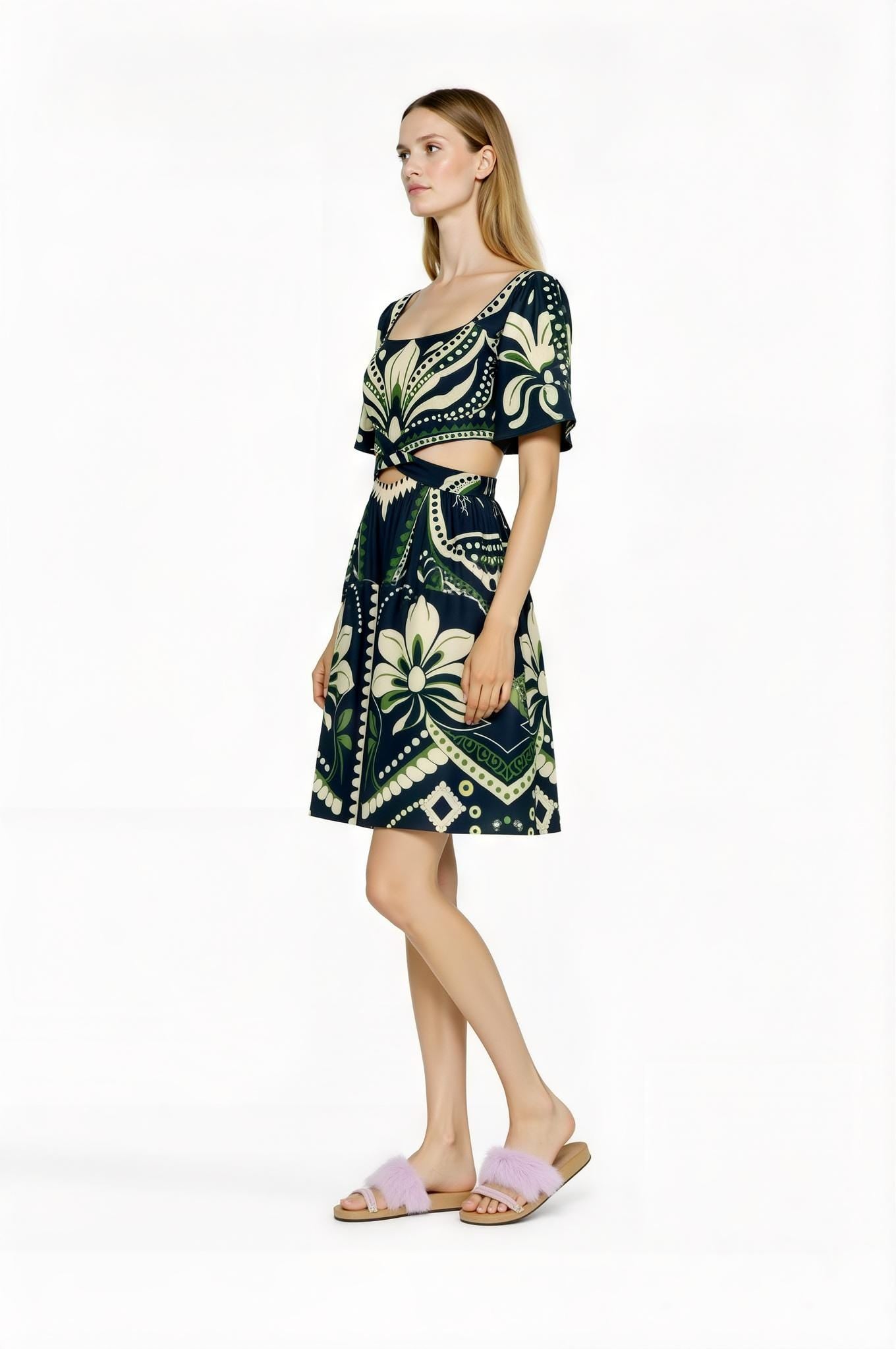 Navy Floral Mini Dress, Cutout Waist, Vintage Botanical Print __etsy:7767789427