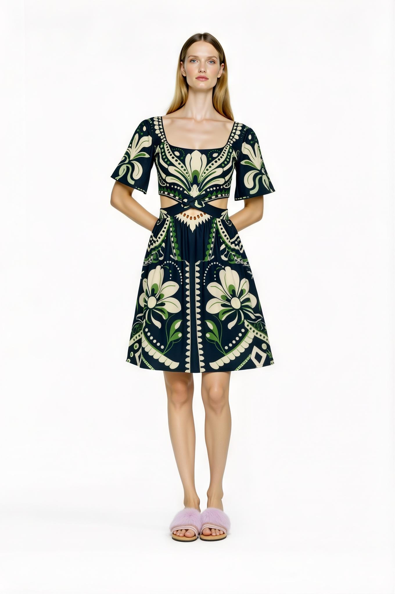 Navy Floral Mini Dress, Cutout Waist, Vintage Botanical Print __etsy:7767789431