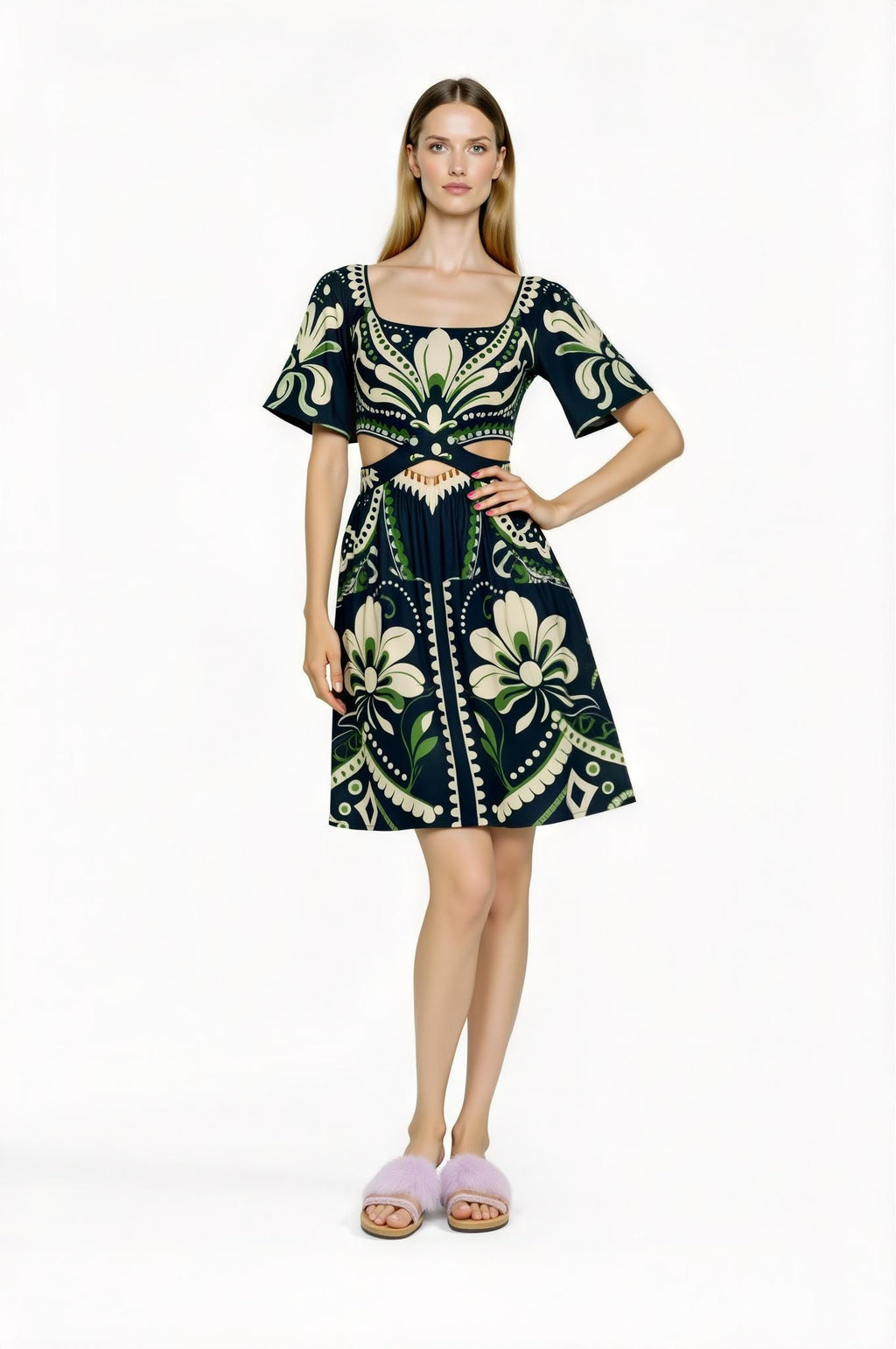 Navy Floral Mini Dress, Cutout Waist, Vintage Botanical Print __etsy:7767789437