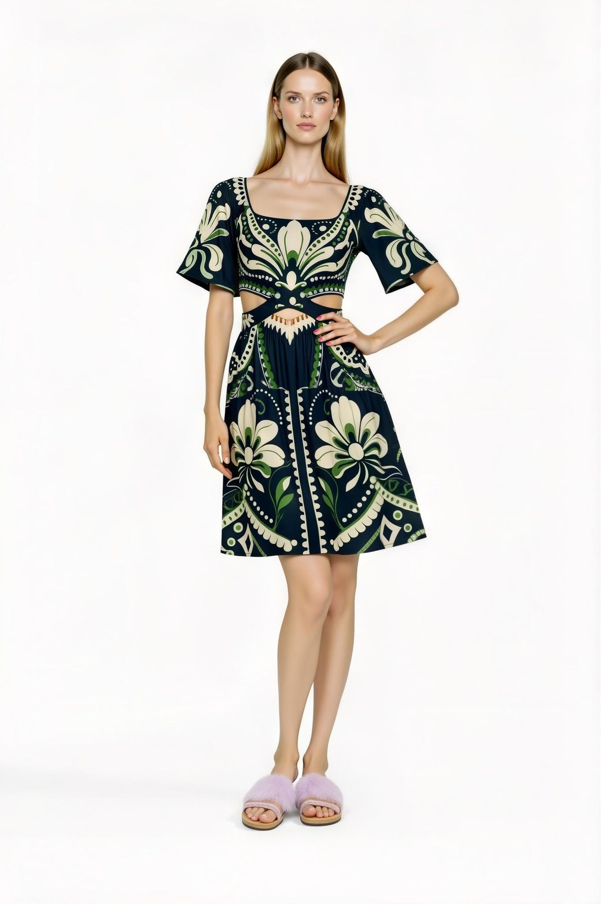 Navy Floral Mini Dress, Cutout Waist, Vintage Botanical Print __etsy:7767789437