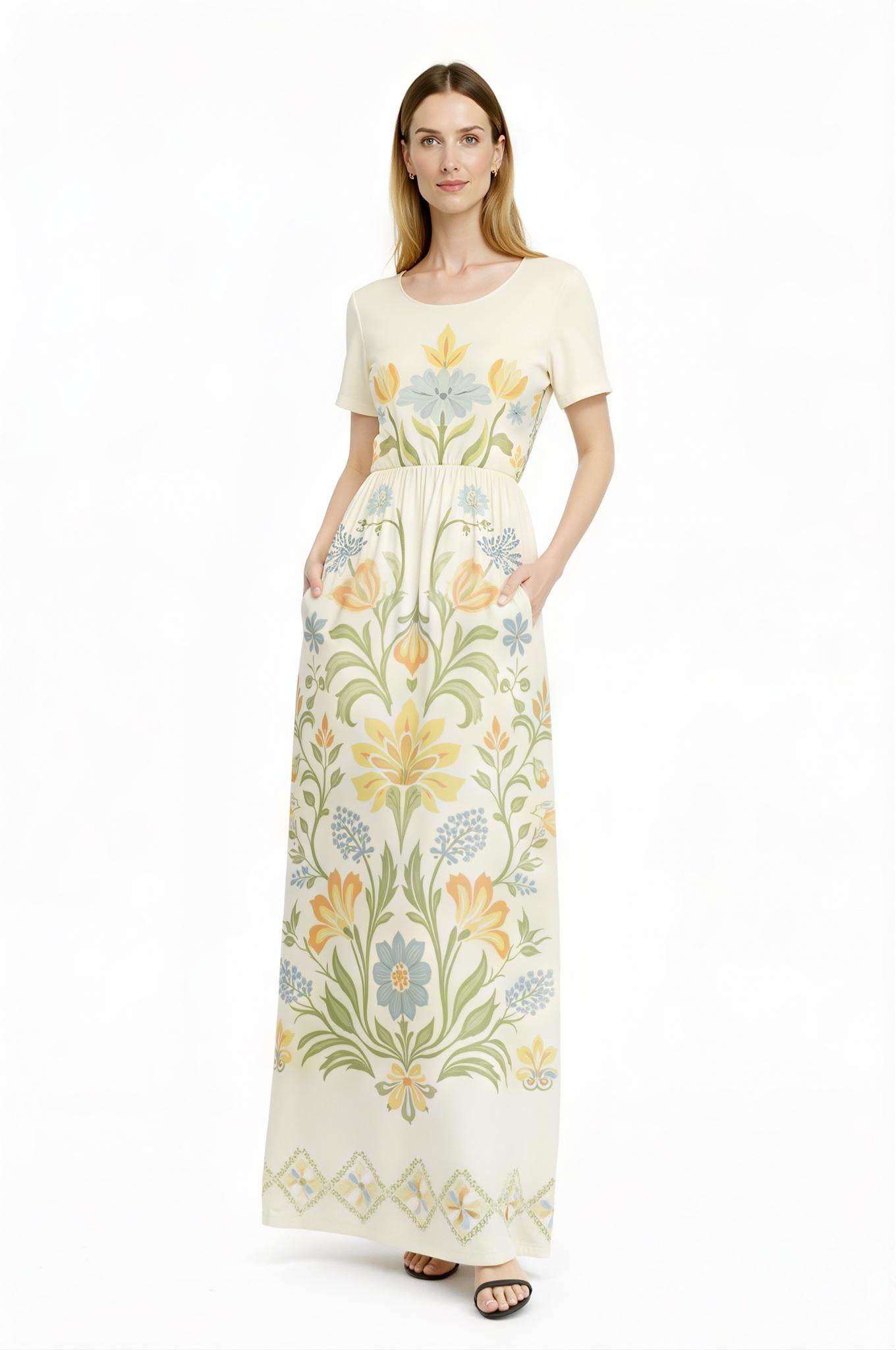 Blush Pink Floral Maxi Dress, Vintage Folk Print, Short Sleeve Resort Outfit with Pockets __etsy:7771162036