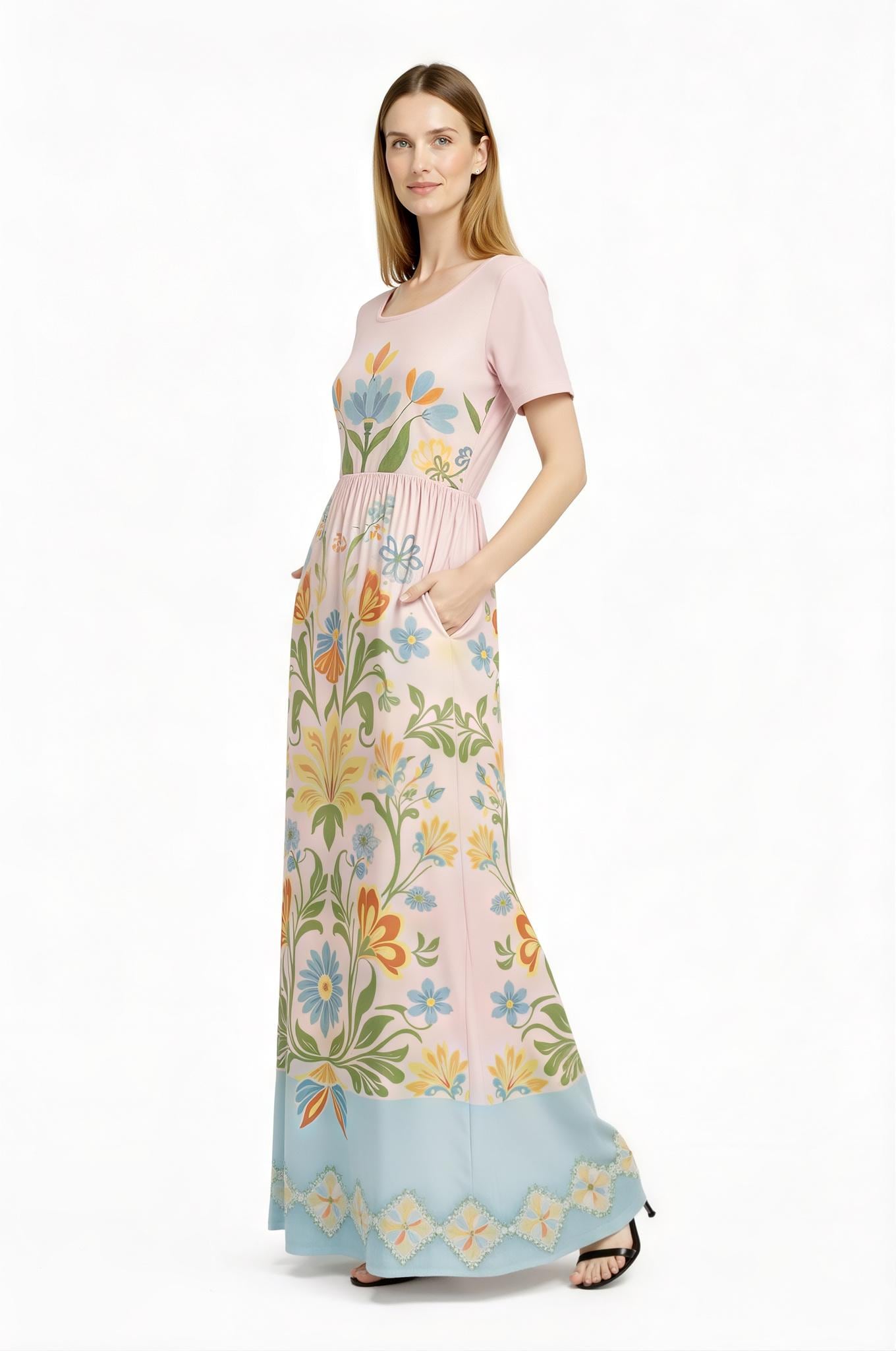 Blush Pink Floral Maxi Dress, Vintage Folk Print, Short Sleeve Resort Outfit with Pockets __etsy:7771162040
