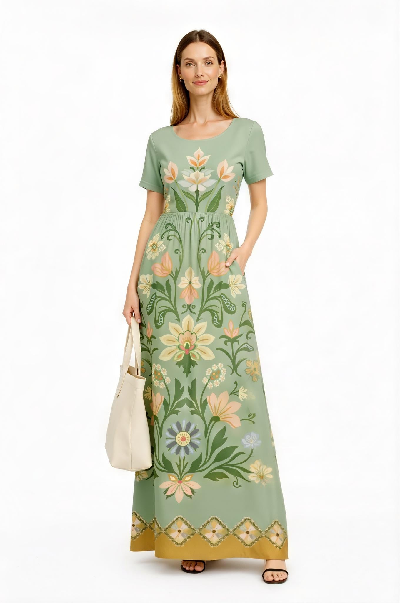 Blush Pink Floral Maxi Dress, Vintage Folk Print, Short Sleeve Resort Outfit with Pockets __etsy:7771162058