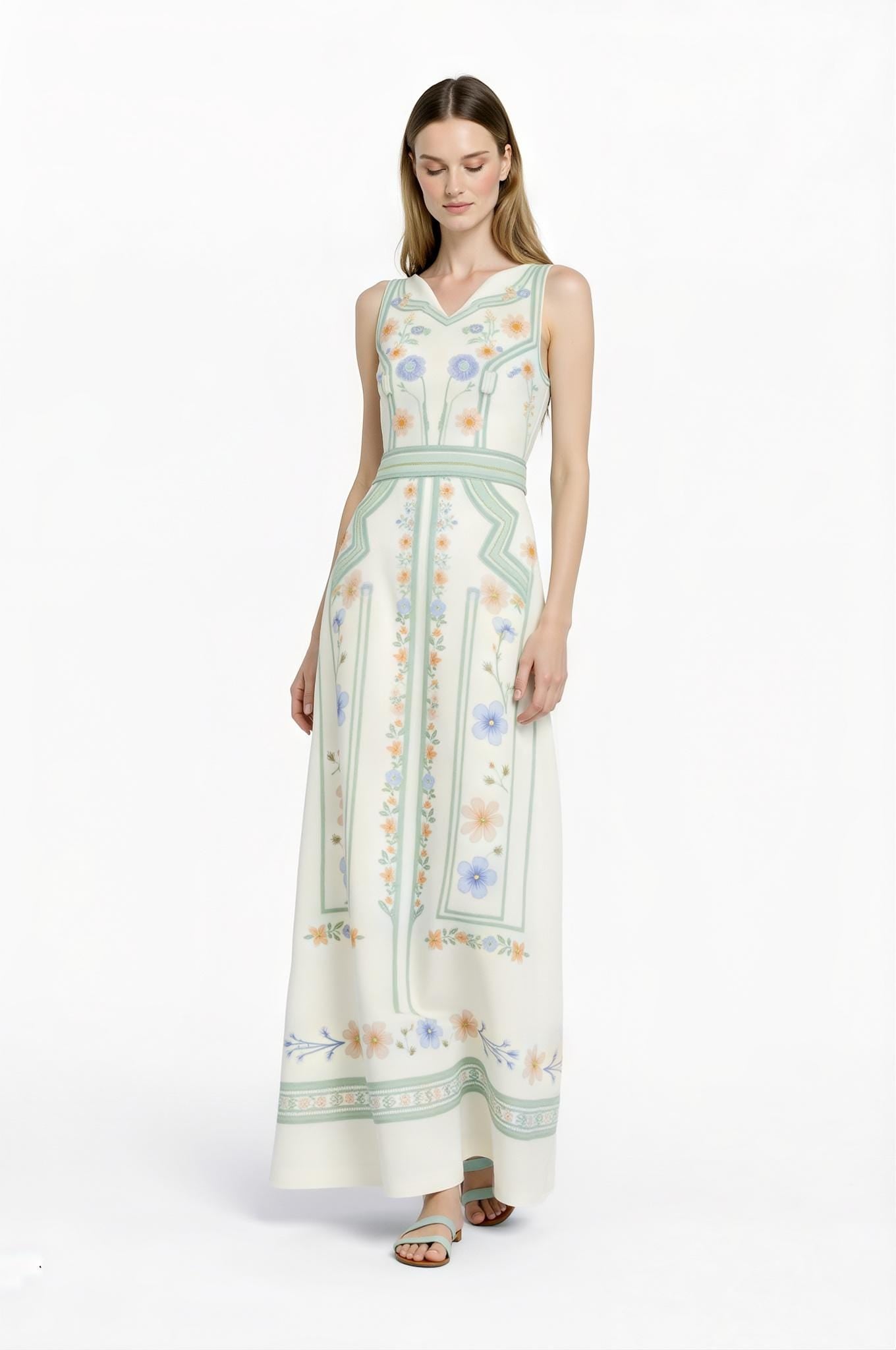 Mint Floral Maxi Dress, Sleeveless A-Line, Vintage Pastel Garden Resort Outfit __etsy:7771212498