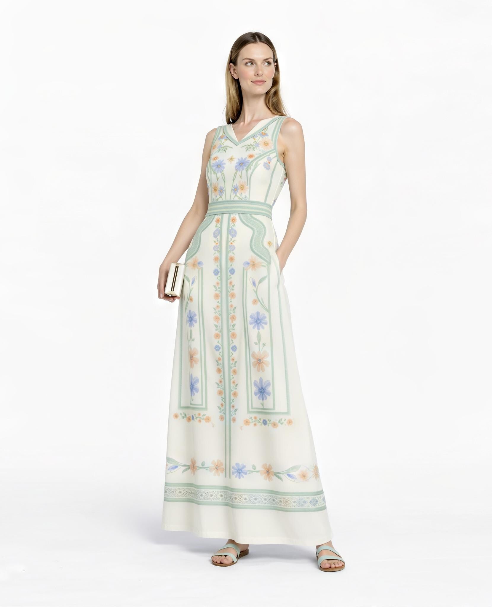 Mint Floral Maxi Dress, Sleeveless A-Line, Vintage Pastel Garden Resort Outfit __etsy:7771233048