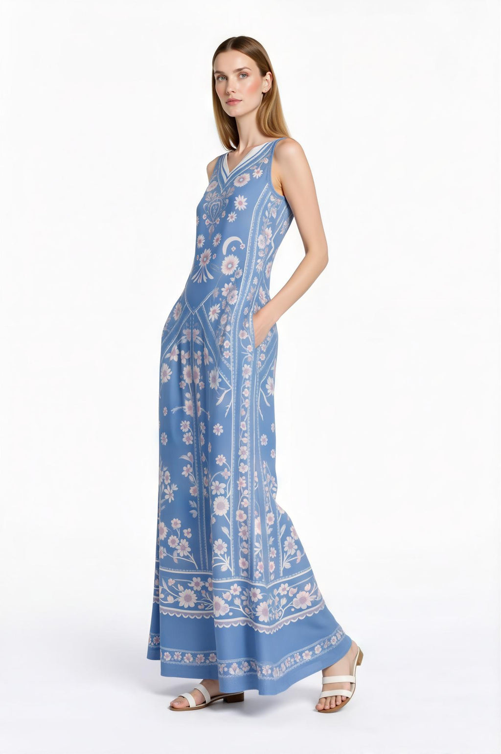 Blue Floral Maxi Dress, Vintage Botanical Print, Sleeveless A-Line with Pockets __etsy:7771238623