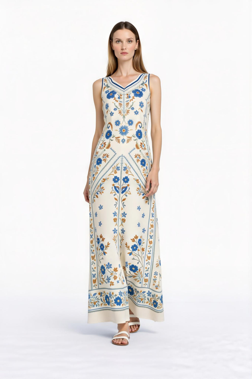 Blue Floral Maxi Dress, Vintage Botanical Print, Sleeveless A-Line with Pockets __etsy:7771238625