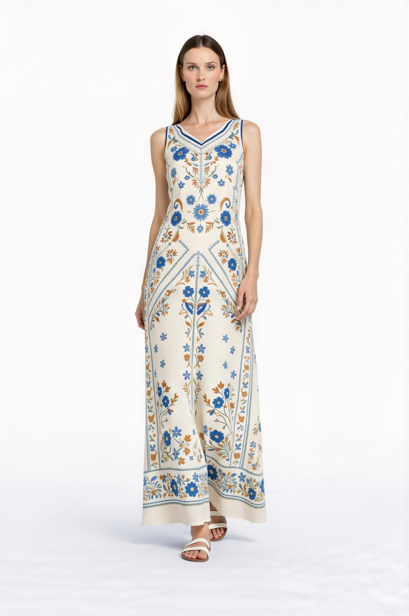 Blue Floral Maxi Dress, Vintage Botanical Print, Sleeveless A-Line with Pockets __etsy:7771238625