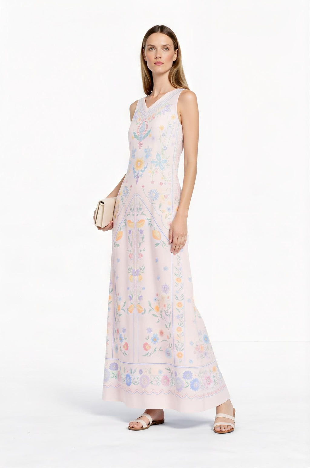 Blue Floral Maxi Dress, Vintage Botanical Print, Sleeveless A-Line with Pockets __etsy:7771238627
