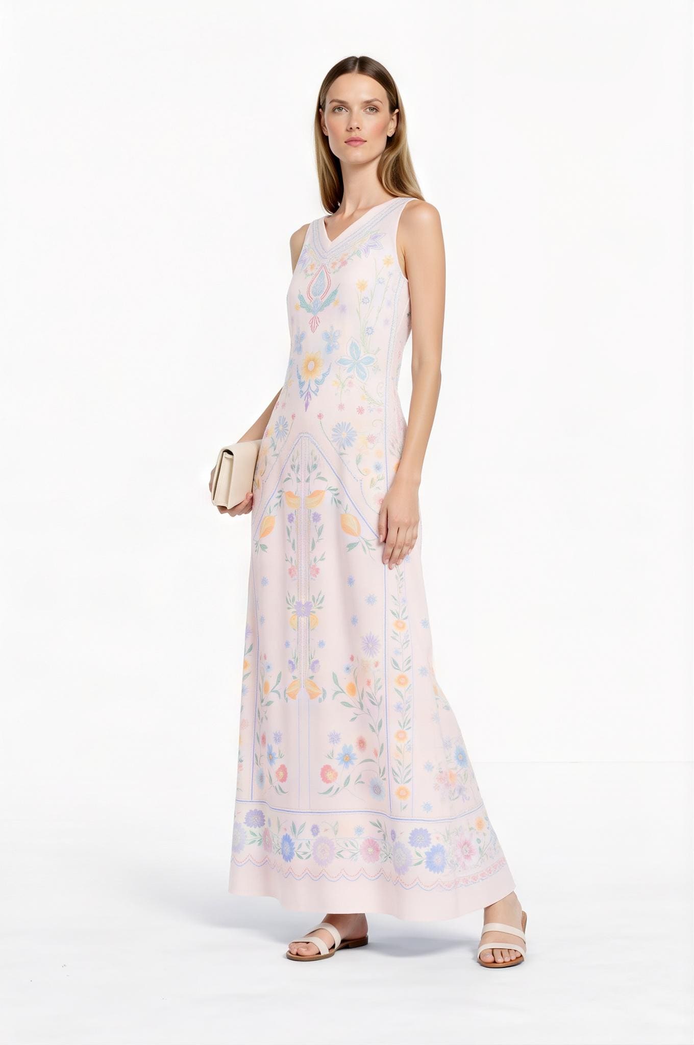 Blue Floral Maxi Dress, Vintage Botanical Print, Sleeveless A-Line with Pockets __etsy:7771238627