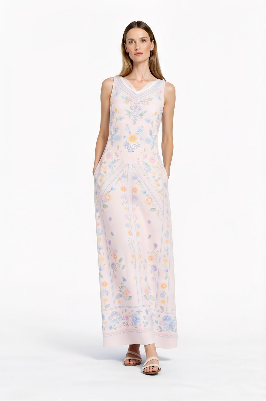 Blue Floral Maxi Dress, Vintage Botanical Print, Sleeveless A-Line with Pockets __etsy:7771238631