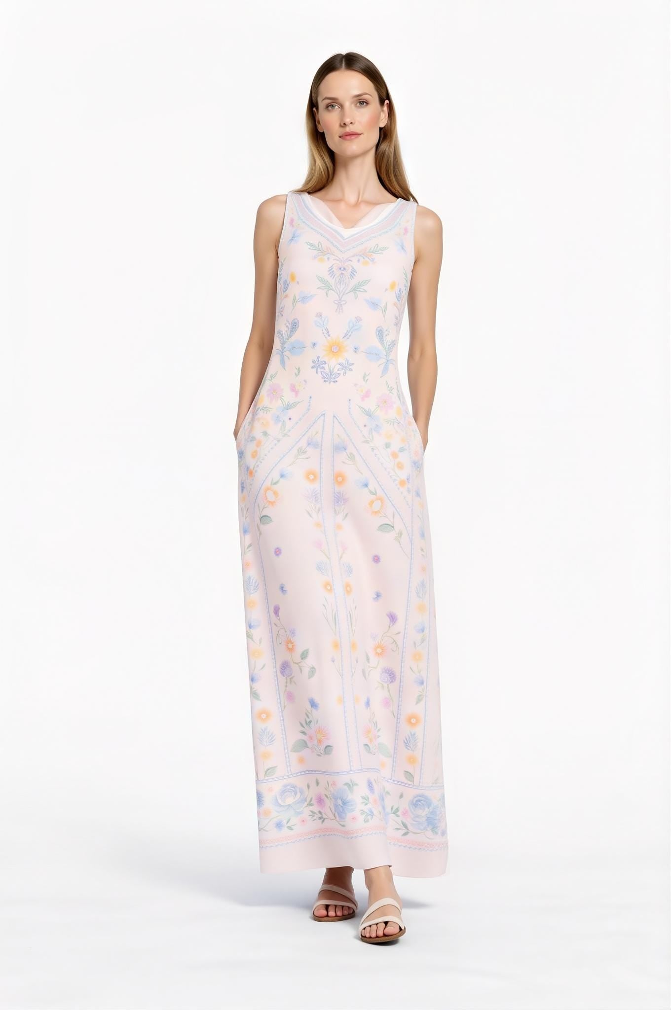 Blue Floral Maxi Dress, Vintage Botanical Print, Sleeveless A-Line with Pockets __etsy:7771238631