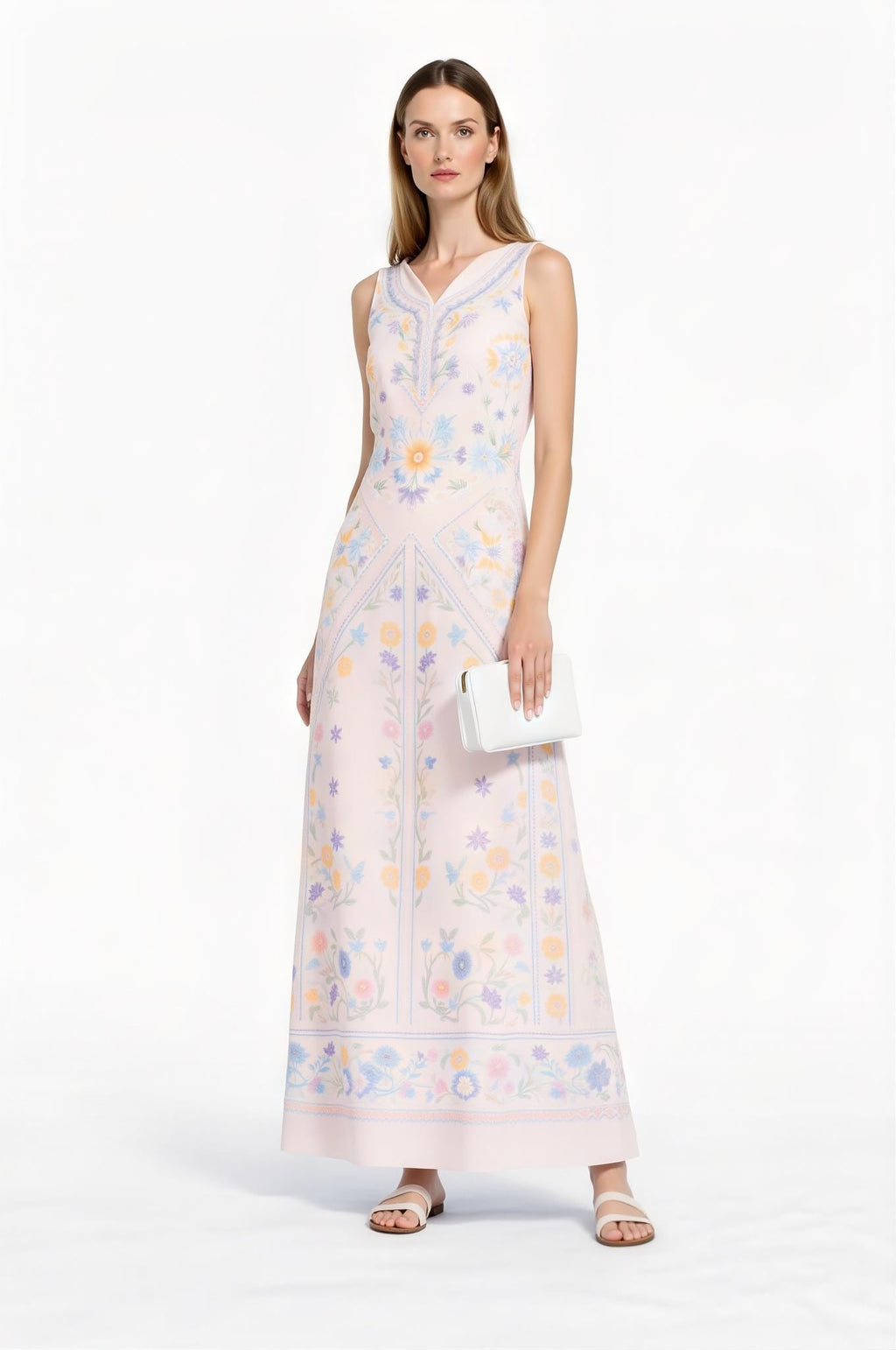 Blue Floral Maxi Dress, Vintage Botanical Print, Sleeveless A-Line with Pockets __etsy:7771238633