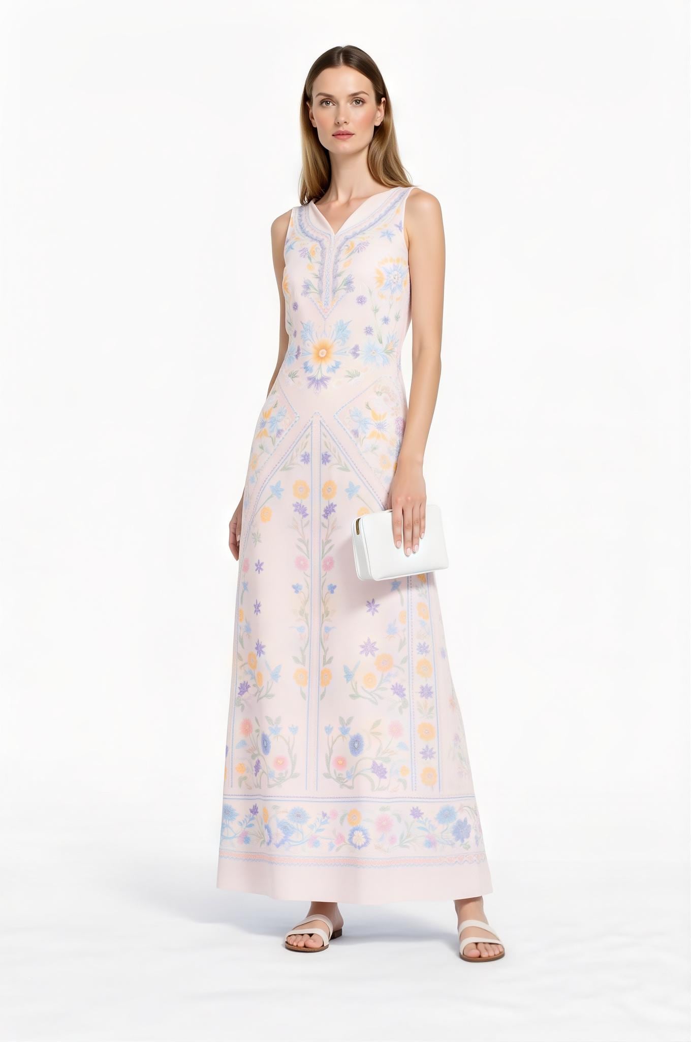 Blue Floral Maxi Dress, Vintage Botanical Print, Sleeveless A-Line with Pockets __etsy:7771238633