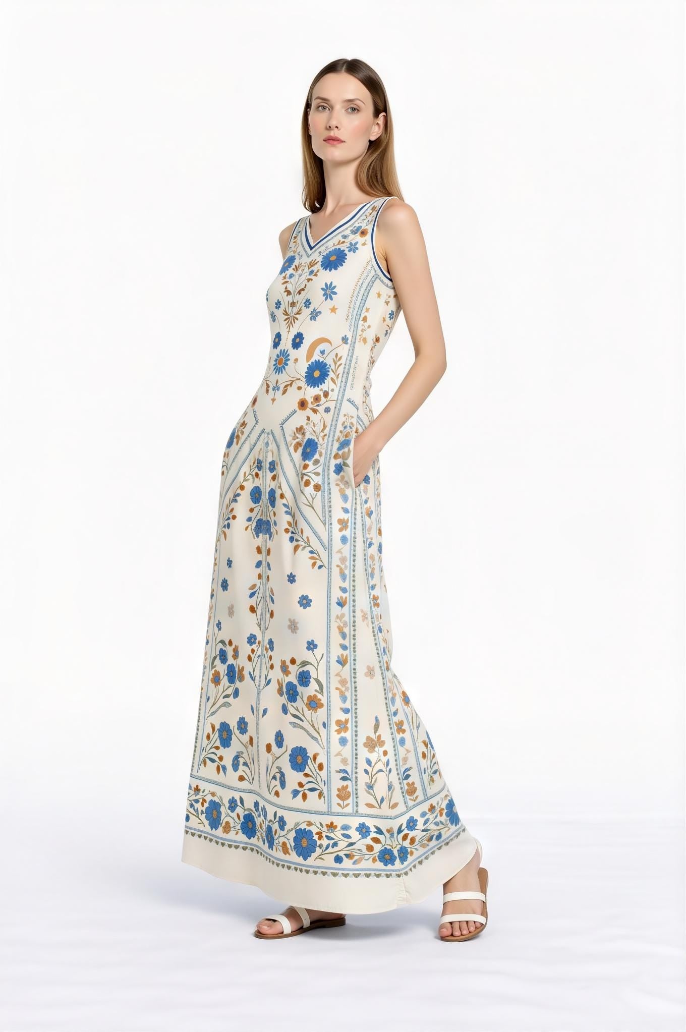 Blue Floral Maxi Dress, Vintage Botanical Print, Sleeveless A-Line with Pockets __etsy:7771238635