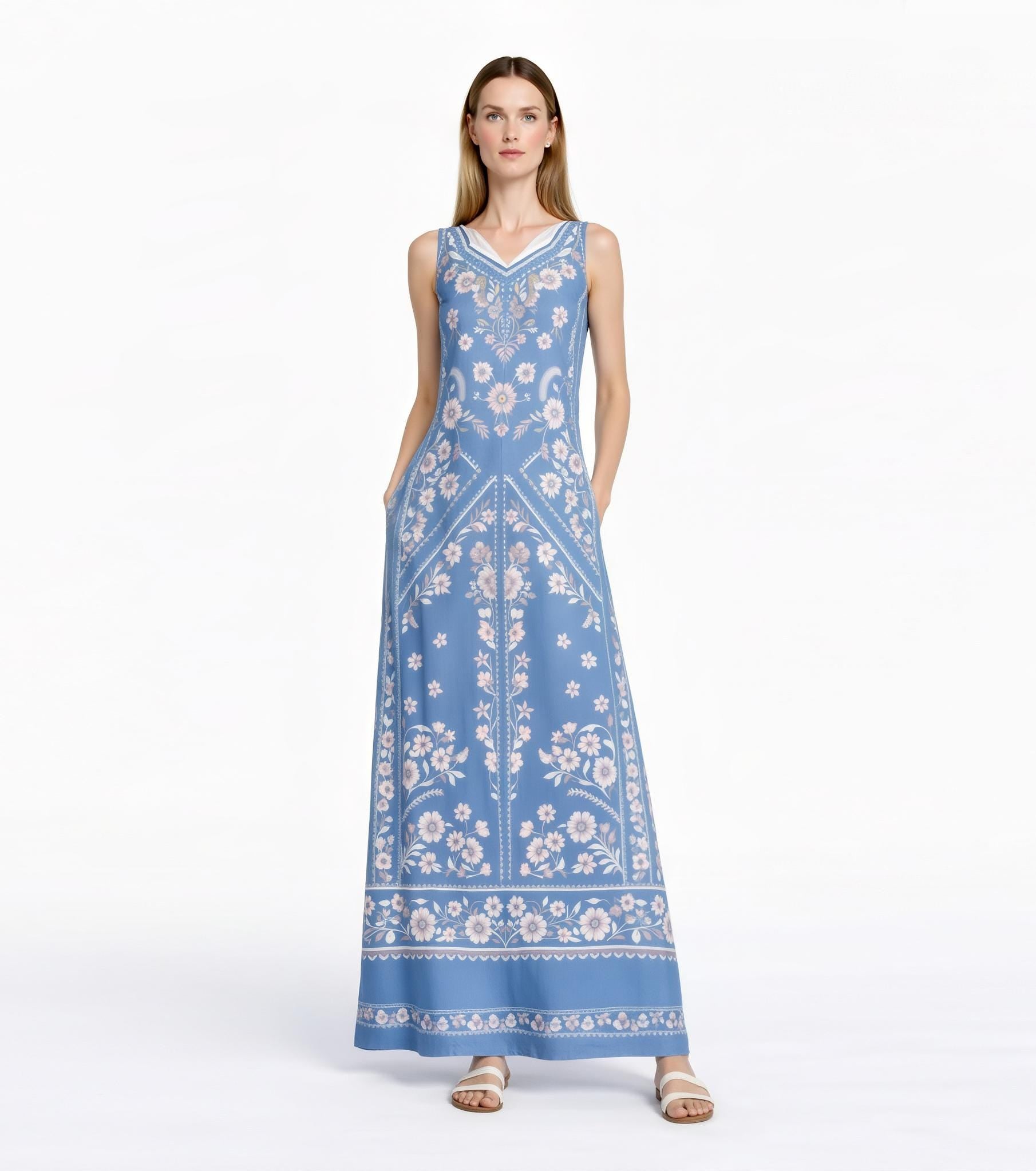 Blue Floral Maxi Dress, Vintage Botanical Print, Sleeveless A-Line with Pockets __etsy:7771296195
