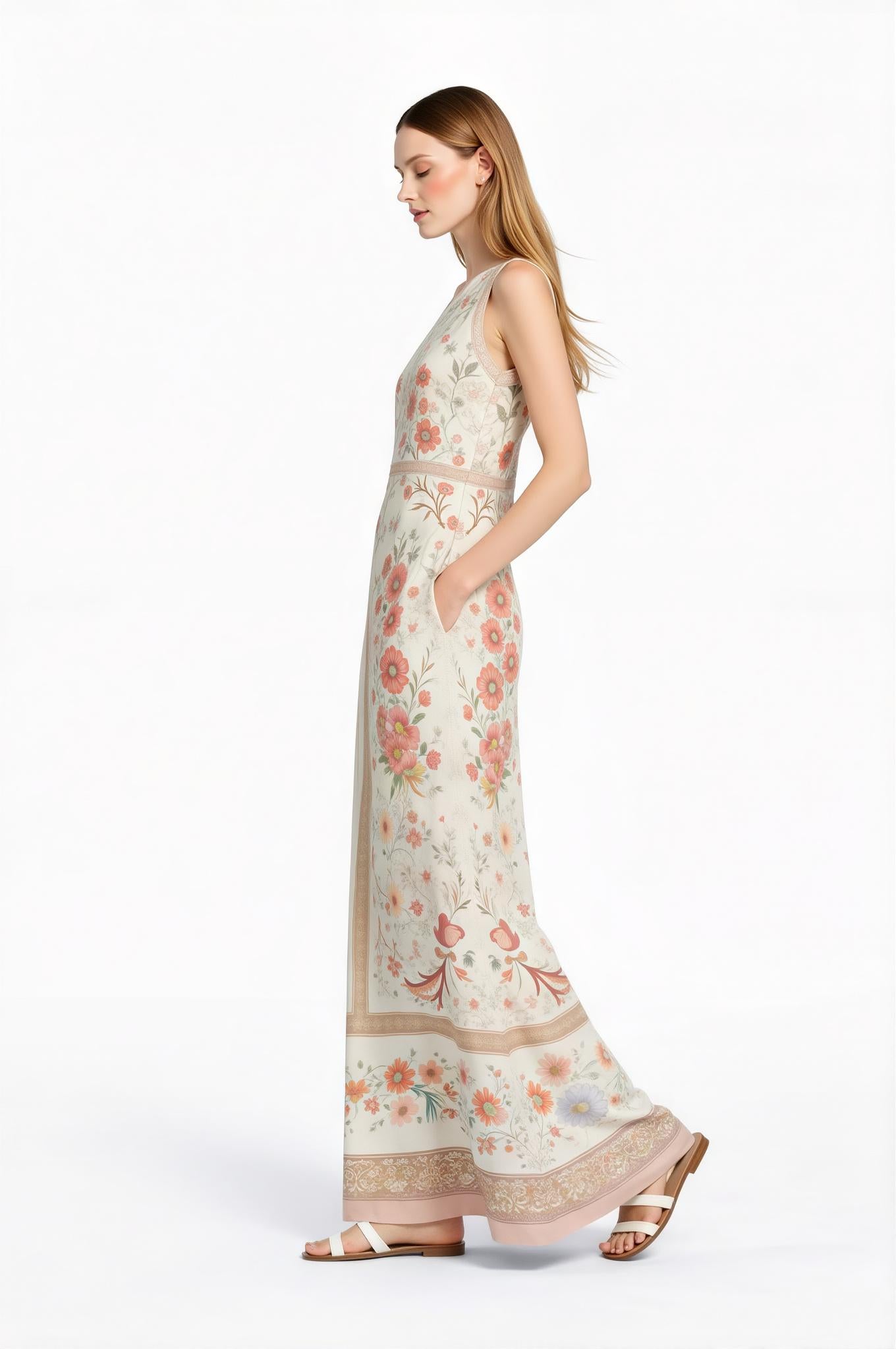 Floral Maxi Dress, Vintage Scarf Print, Sleeveless A-Line with Pockets __etsy:7771344197