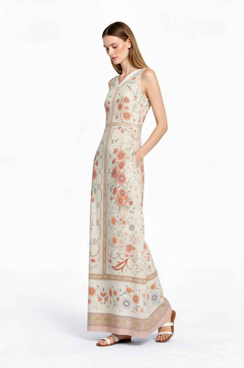 Floral Maxi Dress, Vintage Scarf Print, Sleeveless A-Line with Pockets __etsy:7771344201