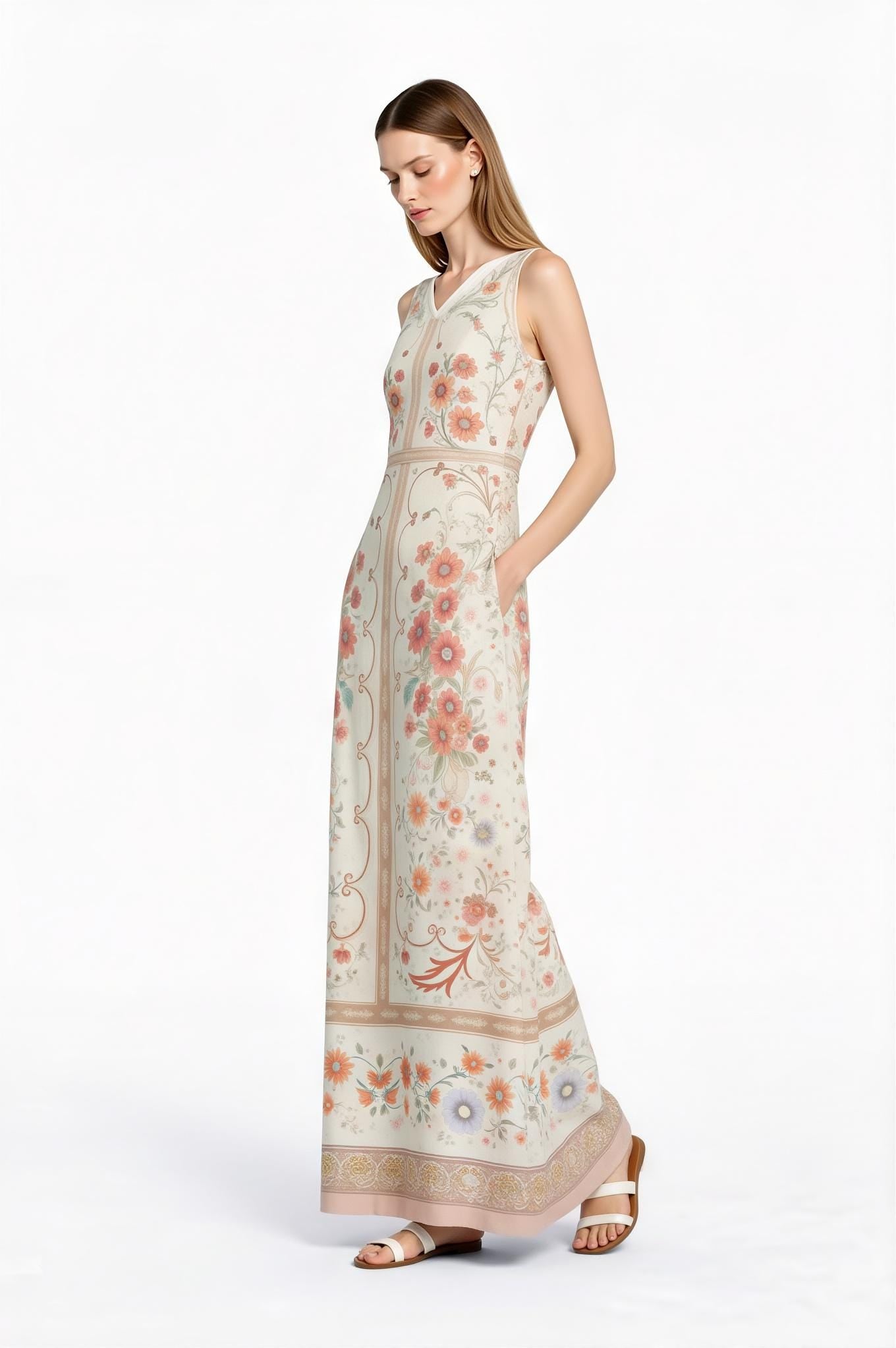 Floral Maxi Dress, Vintage Scarf Print, Sleeveless A-Line with Pockets __etsy:7771344201