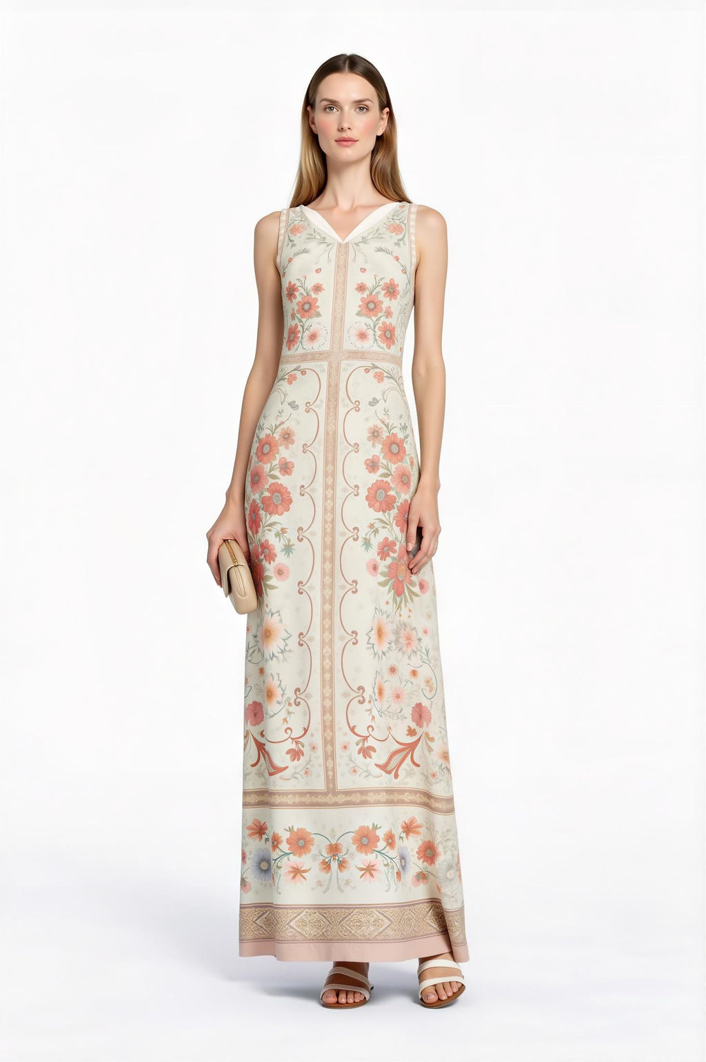Floral Maxi Dress, Vintage Scarf Print, Sleeveless A-Line with Pockets __etsy:7771344203