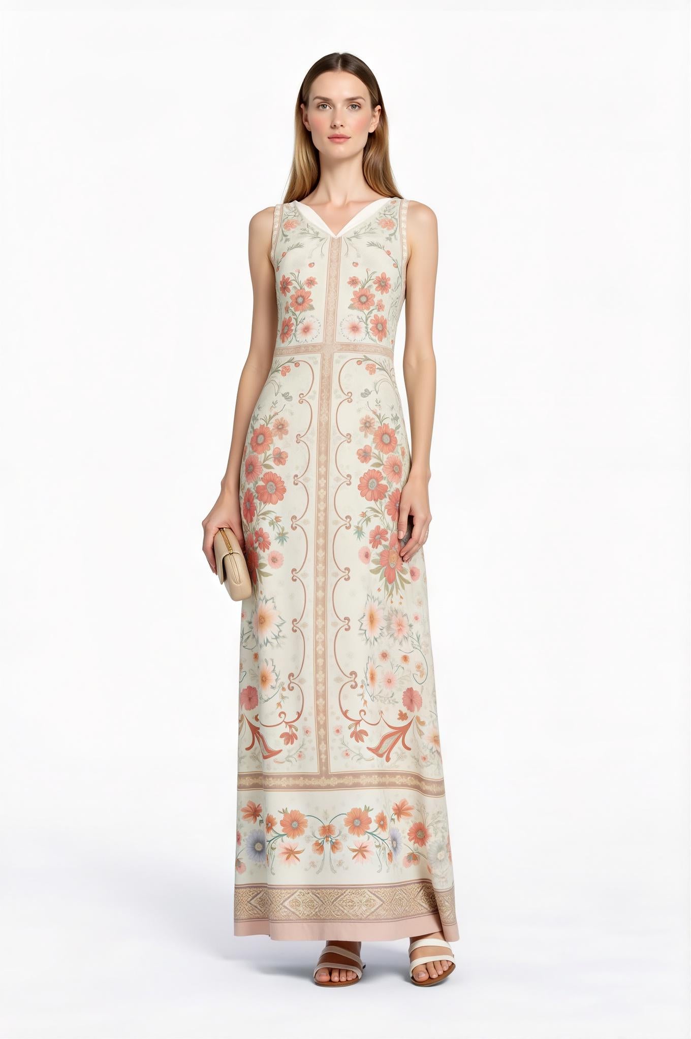 Floral Maxi Dress, Vintage Scarf Print, Sleeveless A-Line with Pockets __etsy:7771344203