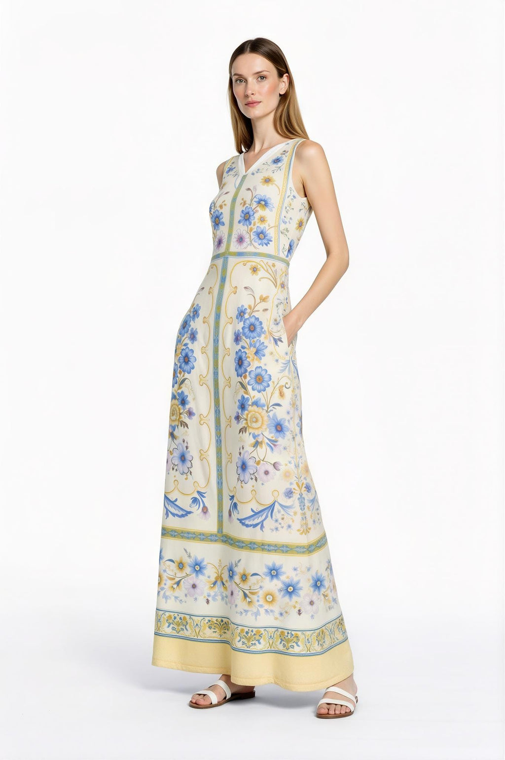 Floral Maxi Dress, Vintage Scarf Print, Sleeveless A-Line with Pockets __etsy:7771344245