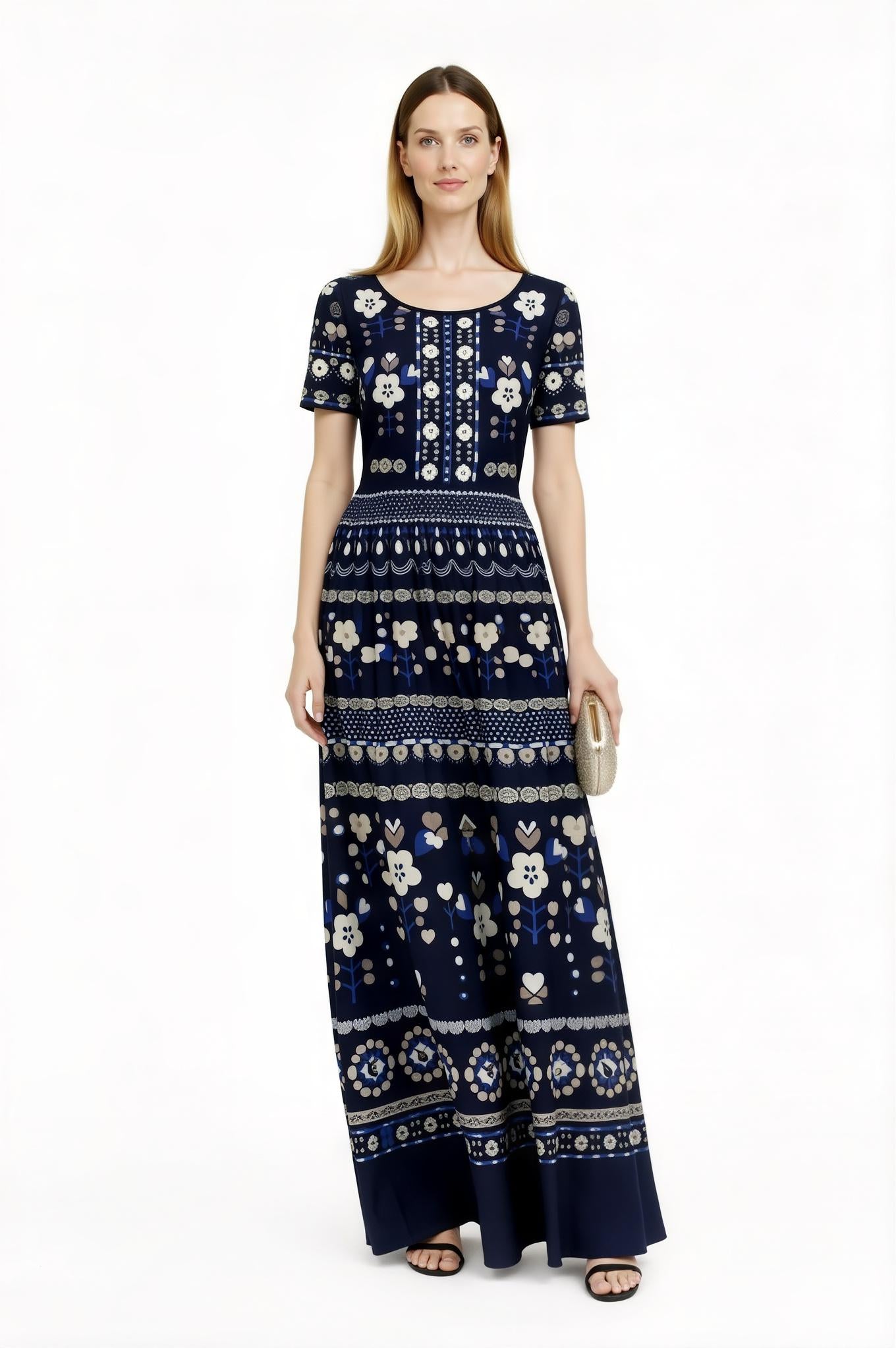 Blue Floral Maxi Dress, Short Sleeve A-Line, Vintage Folk Print, Resort Outfit with Pockets __etsy:7774156329
