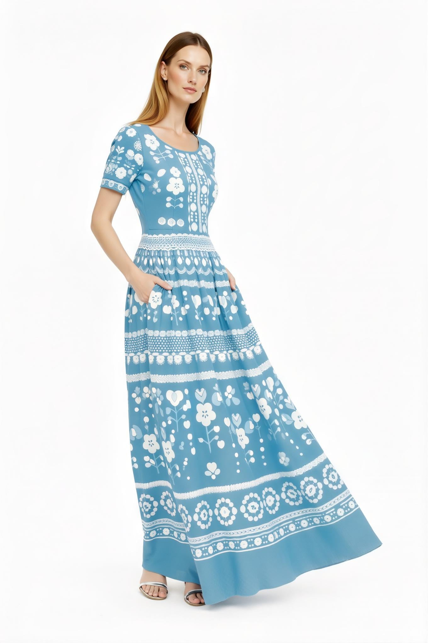 Blue Floral Maxi Dress, Short Sleeve A-Line, Vintage Folk Print, Resort Outfit with Pockets __etsy:7774156353