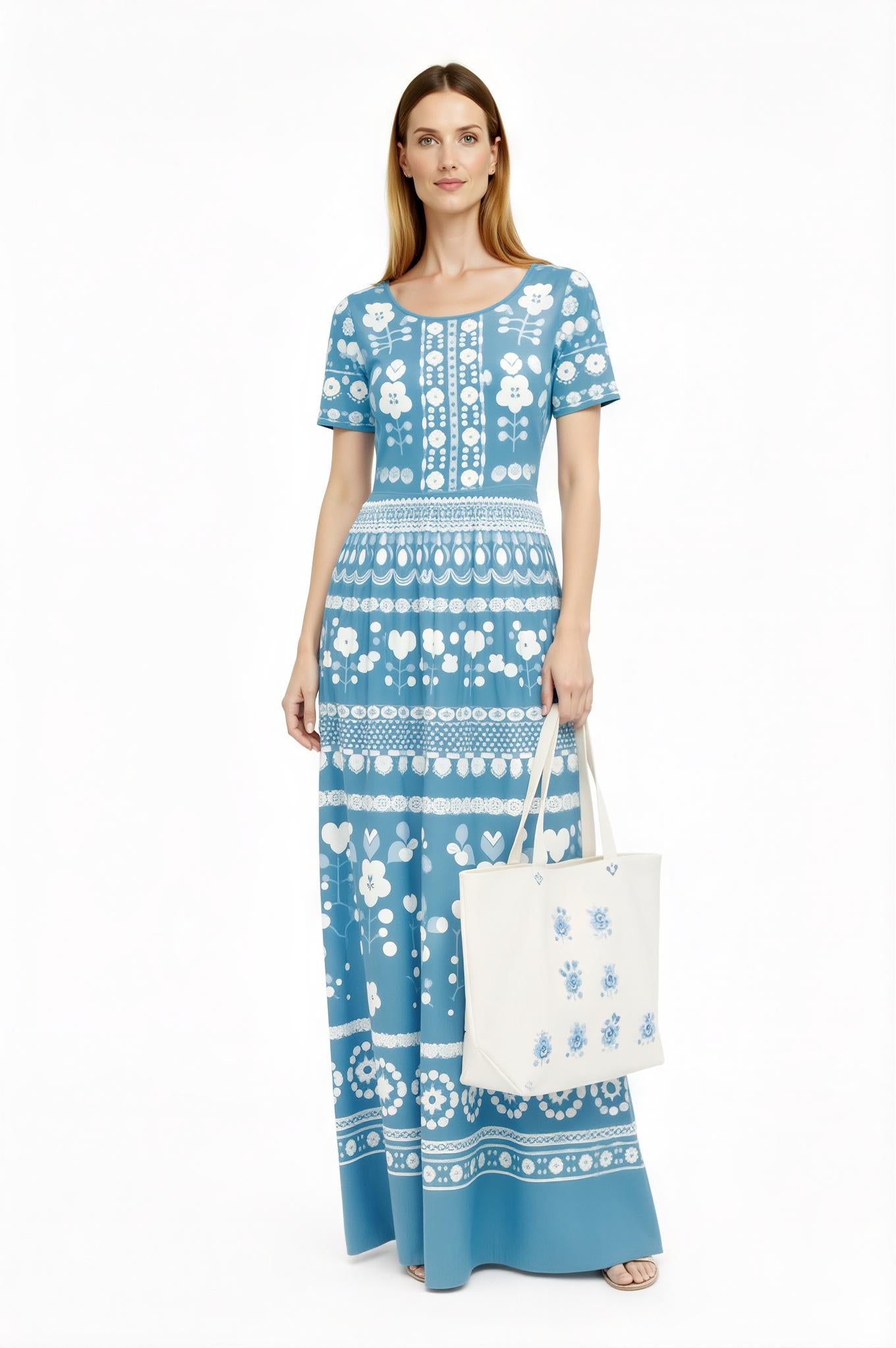 Blue Floral Maxi Dress, Short Sleeve A-Line, Vintage Folk Print, Resort Outfit with Pockets __etsy:7774156357