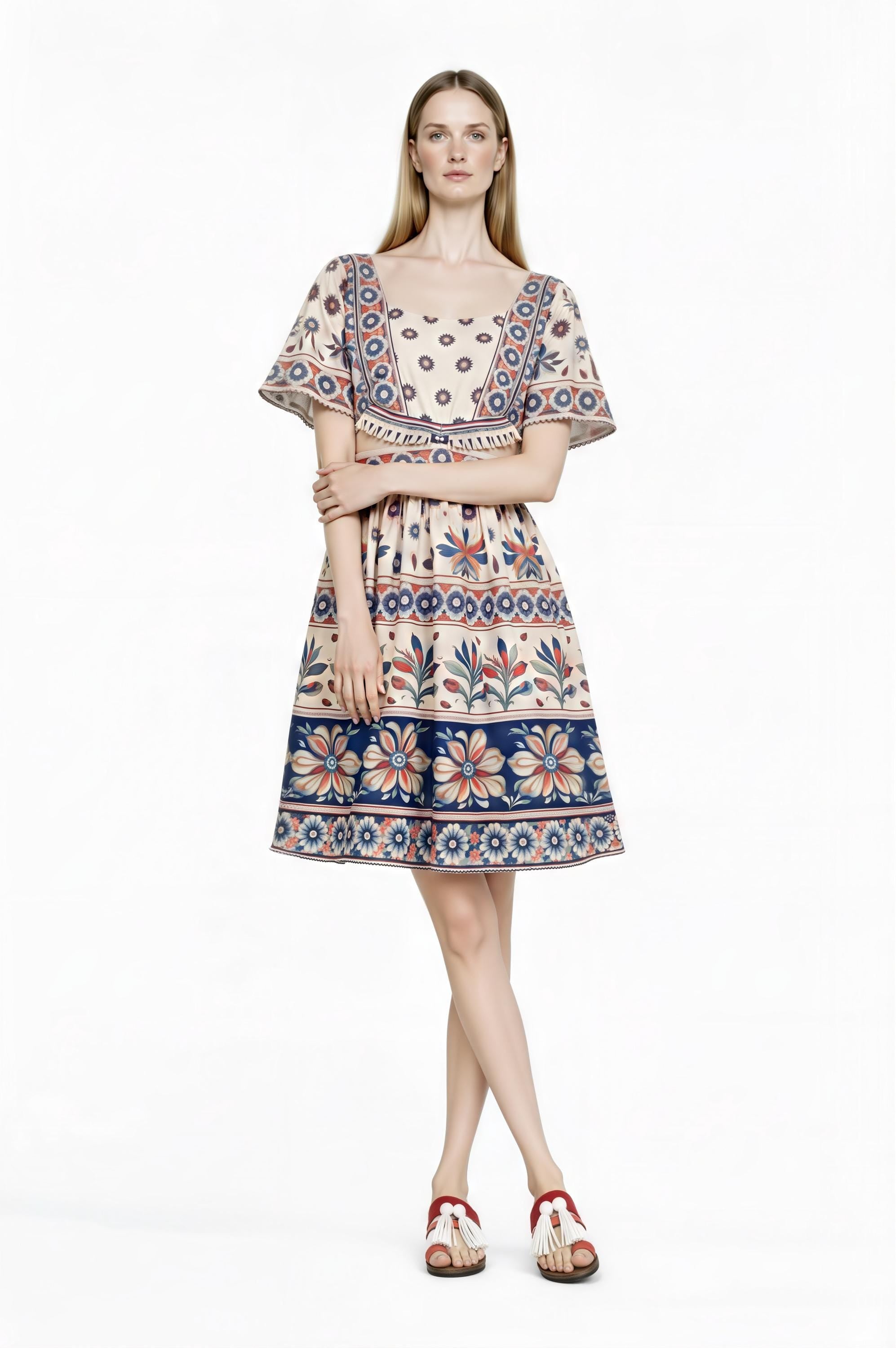 Boho Floral Mini Dress, Vintage Border Print, Flutter Sleeve Resort Outfit __etsy:7774671370