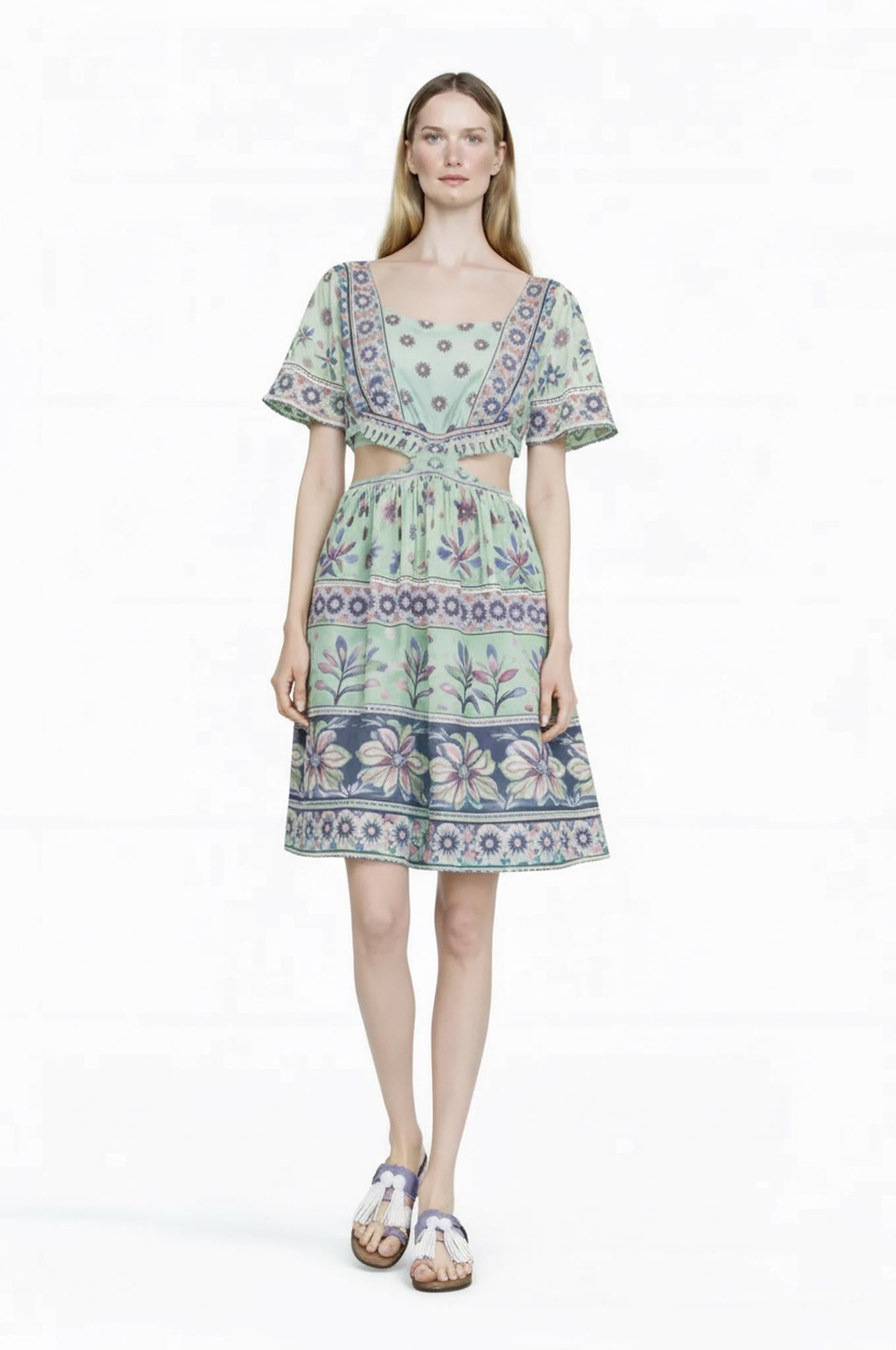 Boho Floral Mini Dress, Vintage Border Print, Flutter Sleeve Resort Outfit __etsy:7774671506