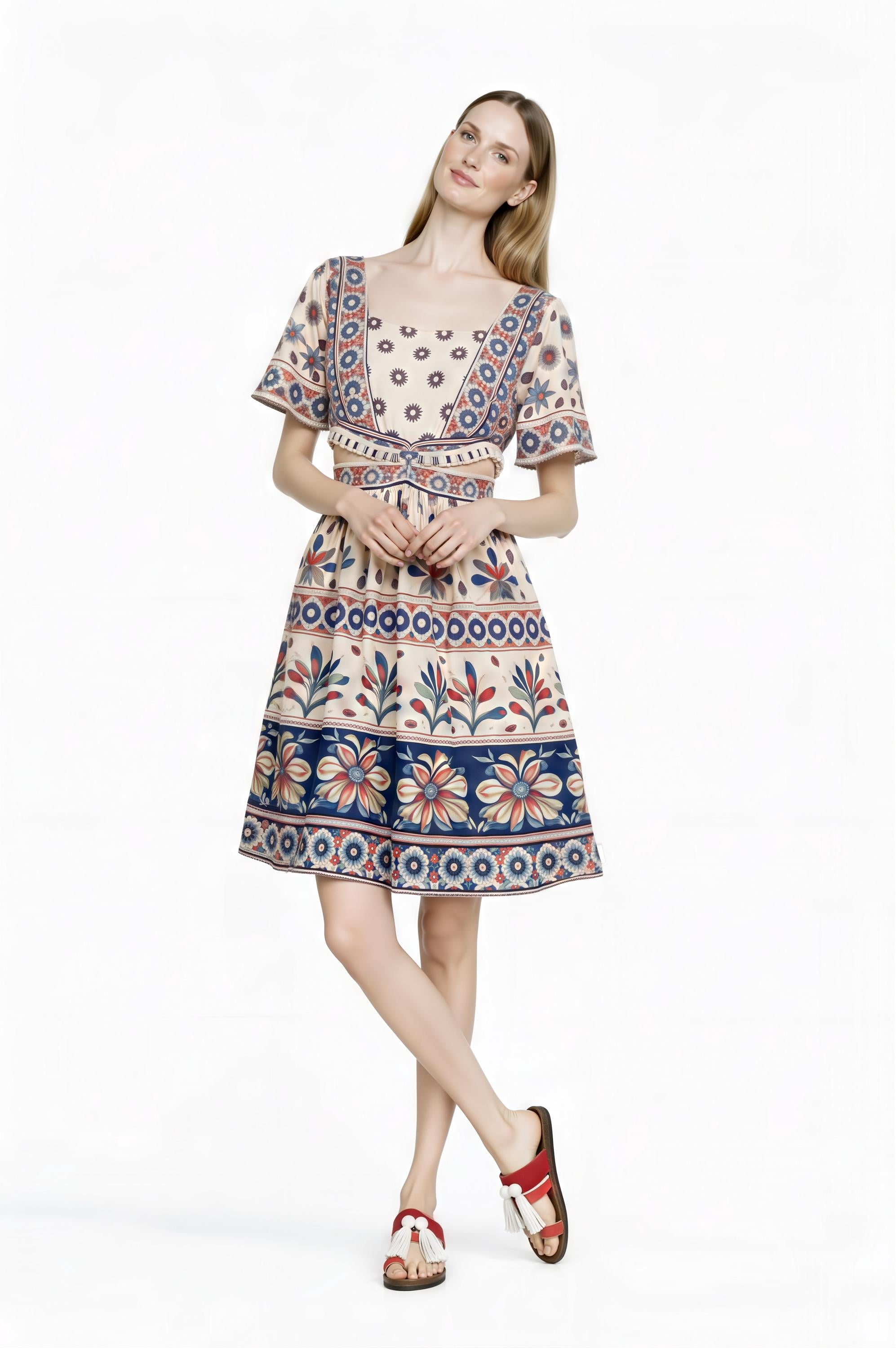Boho Floral Mini Dress, Vintage Border Print, Flutter Sleeve Resort Outfit __etsy:7774673104