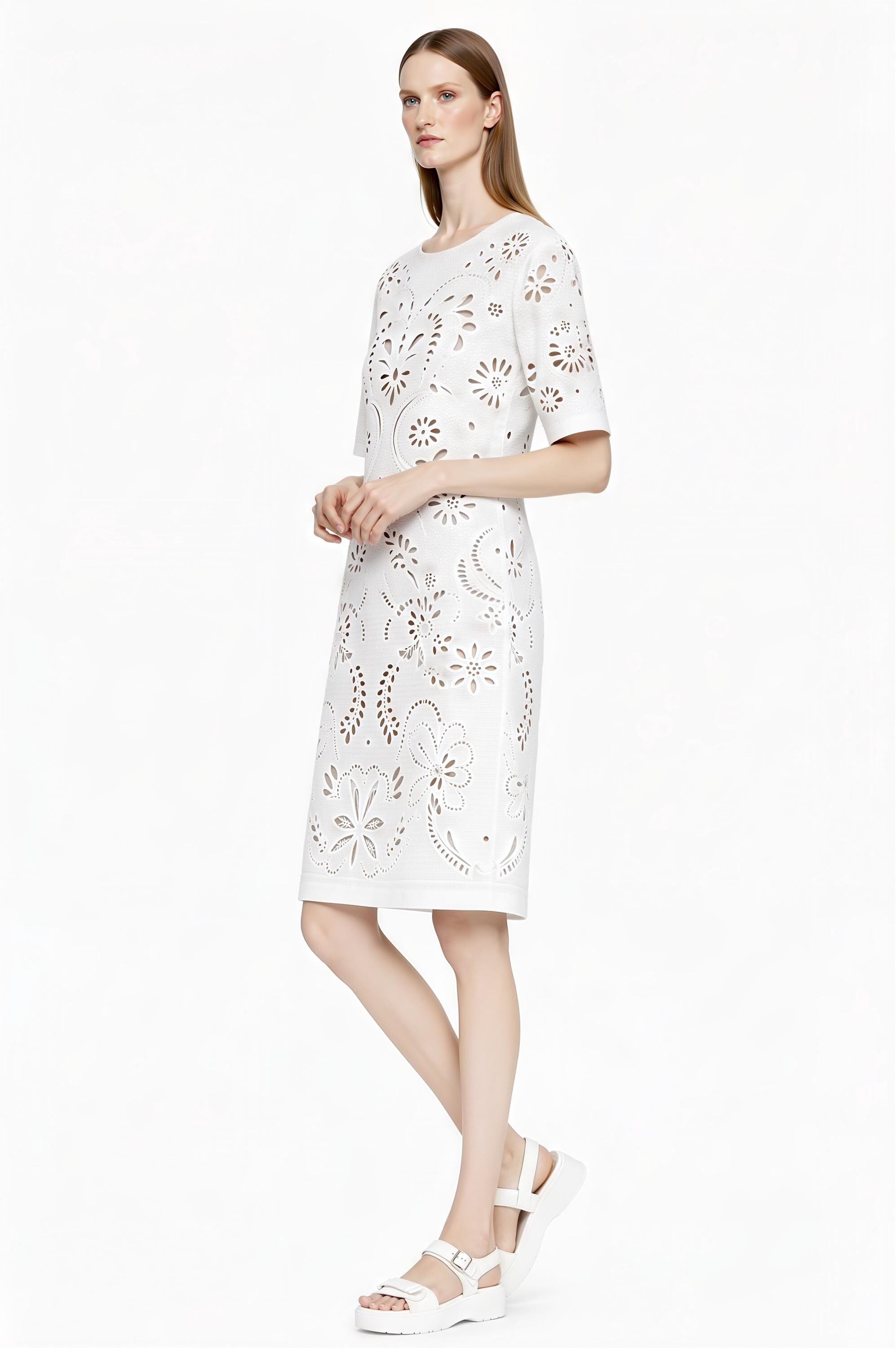 Ivory Eyelet Print T-Shirt Dress, Lace-Look Mini Shift, Summer Feminine白 Dress __etsy:7811957901