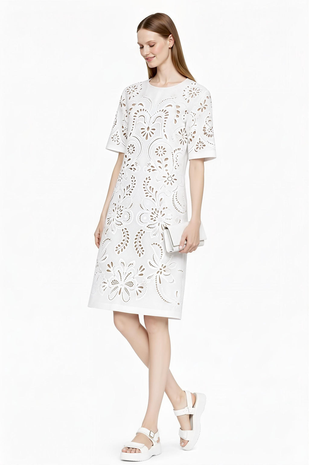 Ivory Eyelet Print T-Shirt Dress, Lace-Look Mini Shift, Summer Feminine白 Dress __etsy:7811957903
