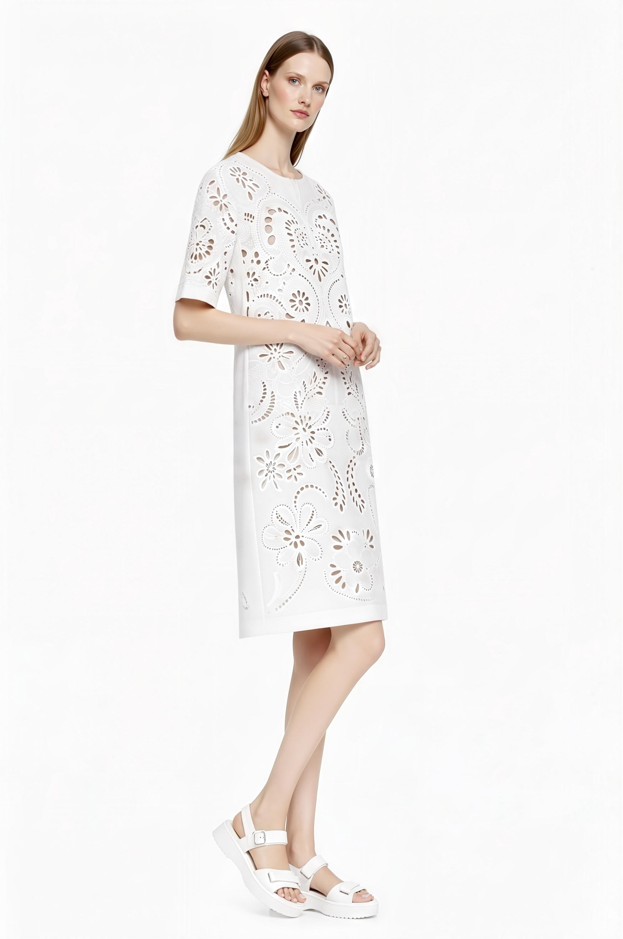 Ivory Eyelet Print T-Shirt Dress, Lace-Look Mini Shift, Summer Feminine白 Dress __etsy:7811957909