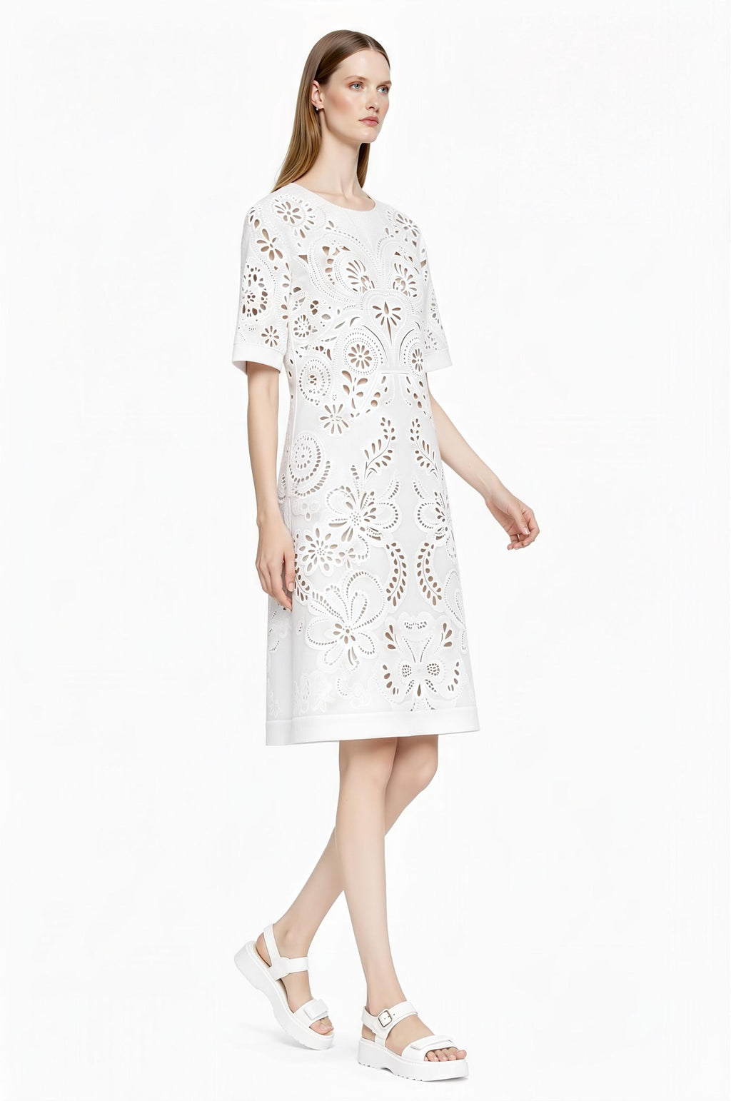 Ivory Eyelet Print T-Shirt Dress, Lace-Look Mini Shift, Summer Feminine白 Dress __etsy:7811957913